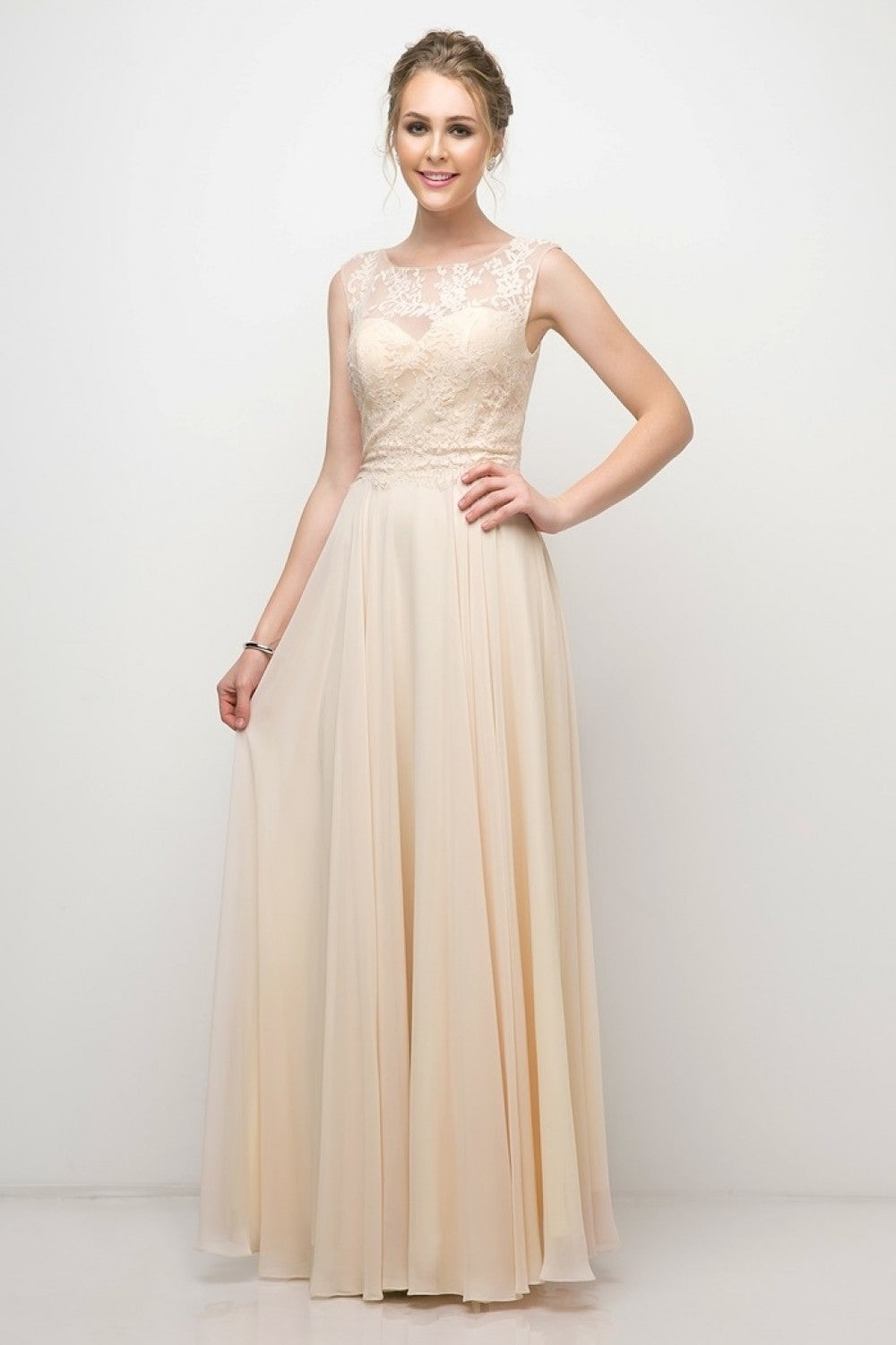 A-Line Chiffon Dress With Lace Bodice And Keyhole Back by Cinderella Divine -CJ245