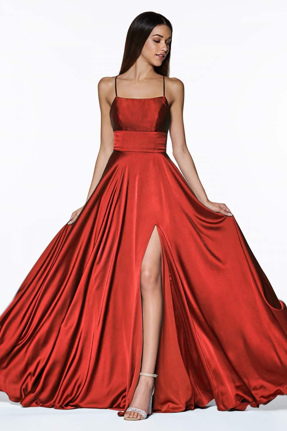 MyFashion.com - Satin a-line gown with leg slit and tie up criss cross back.(CJ527) - Cinderella Divine promdress eveningdress fashion partydress weddingdress 
 gown homecoming promgown weddinggown