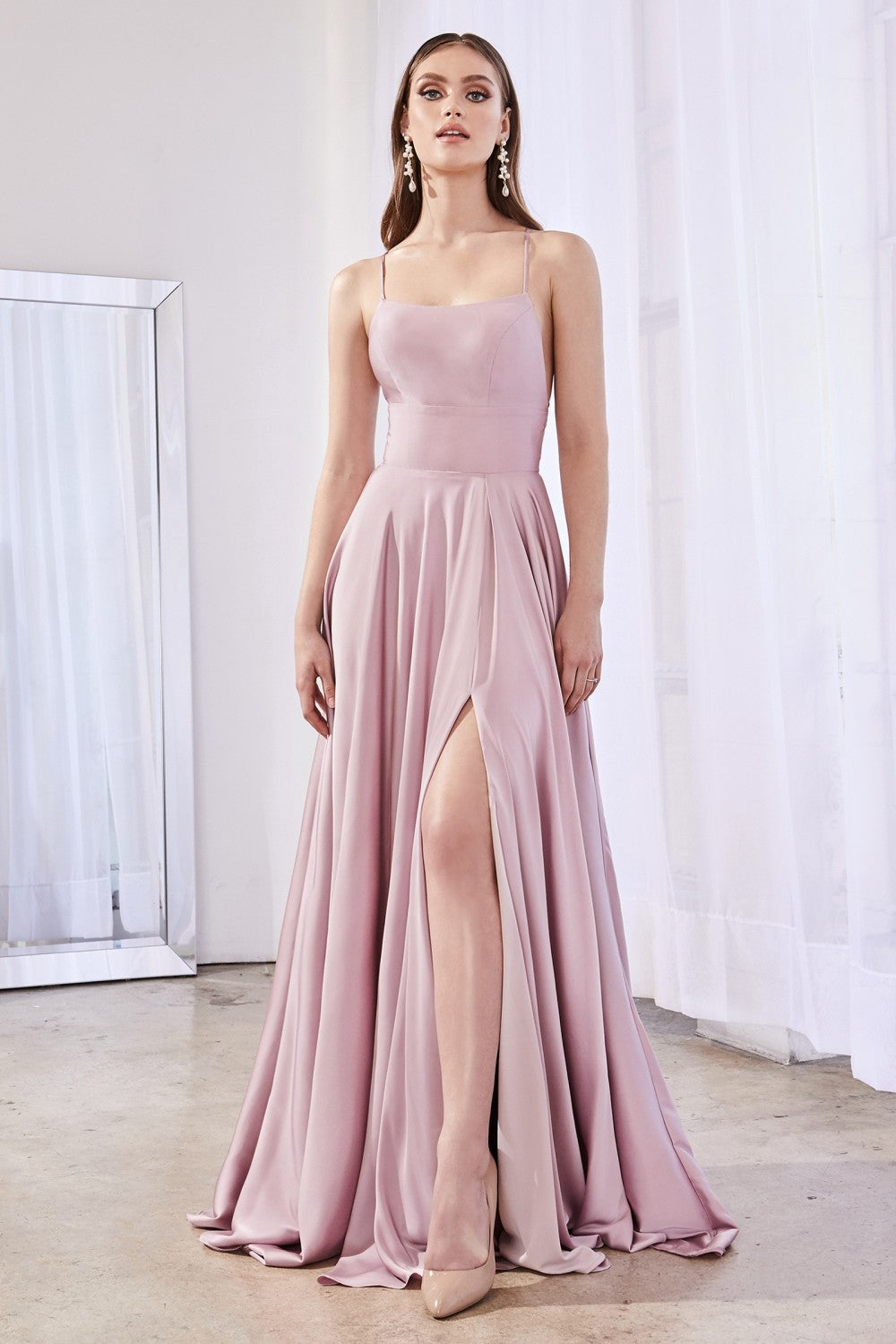 MyFashion.com - Satin a-line gown with leg slit and tie up criss cross back.(CJ527) - Cinderella Divine promdress eveningdress fashion partydress weddingdress 
 gown homecoming promgown weddinggown