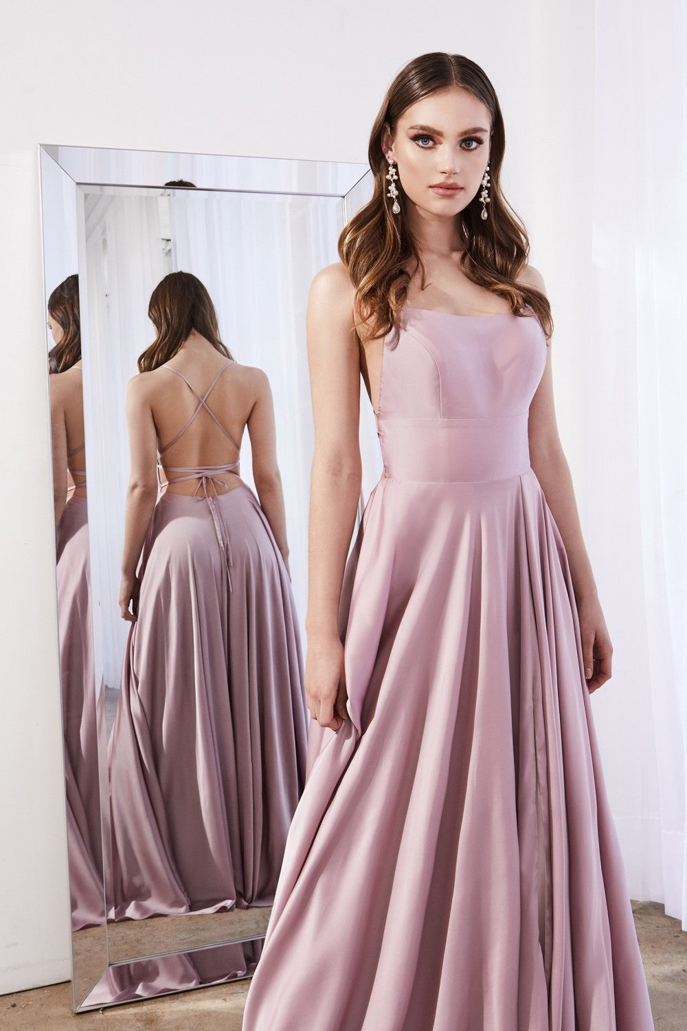 MyFashion.com - Satin a-line gown with leg slit and tie up criss cross back.(CJ527) - Cinderella Divine promdress eveningdress fashion partydress weddingdress 
 gown homecoming promgown weddinggown