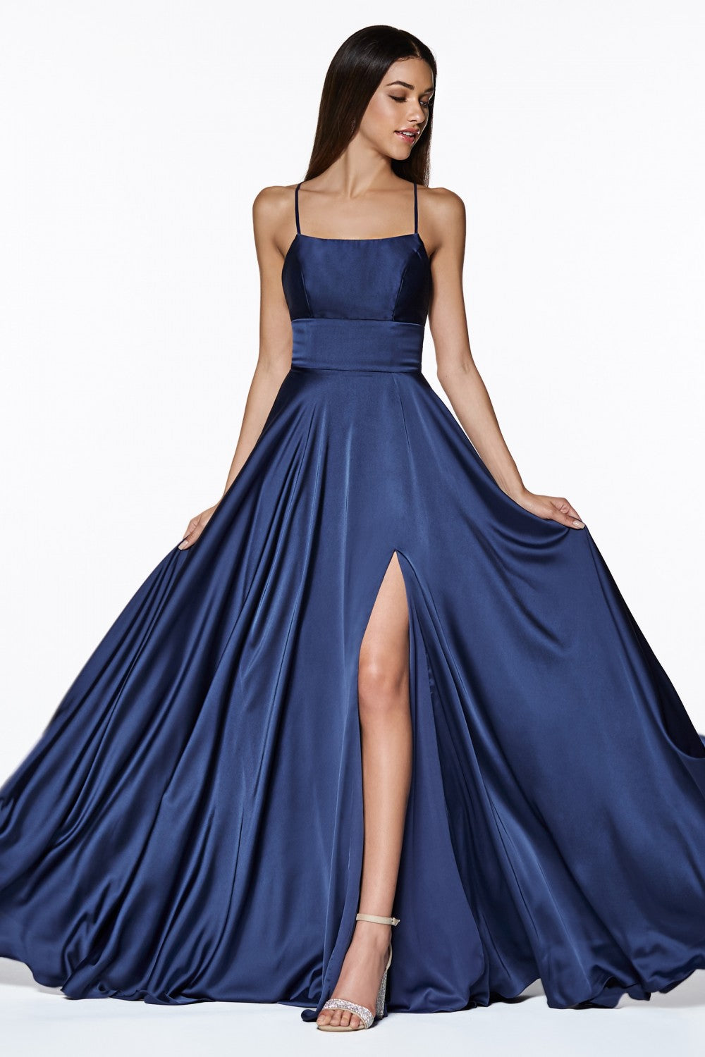 MyFashion.com - Satin a-line gown with leg slit and tie up criss cross back.(CJ527) - Cinderella Divine promdress eveningdress fashion partydress weddingdress 
 gown homecoming promgown weddinggown