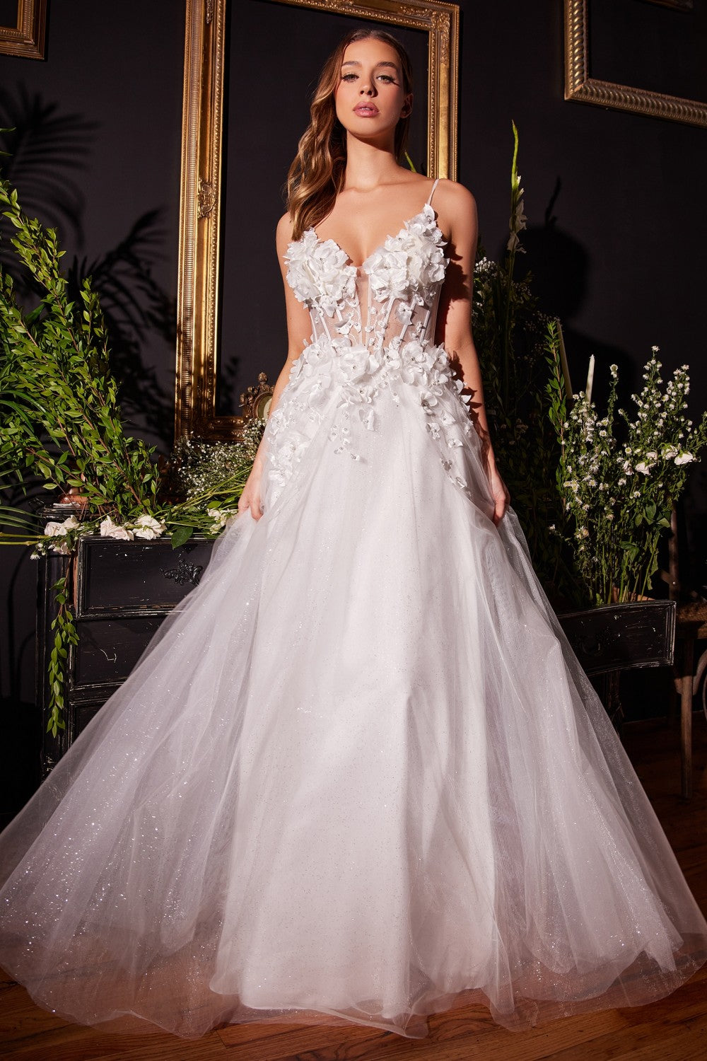 Floral Applique A-Line Tulle Bridal Gown By Cinderella Divine -CM321W
