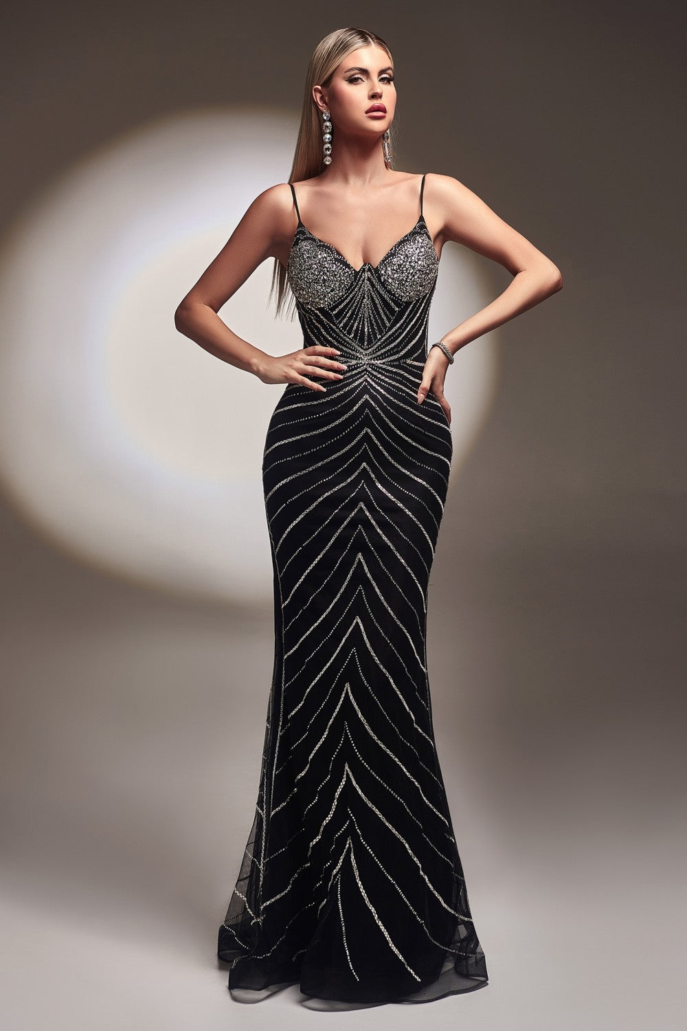 Fitted Glitter Print Gown By Cinderella Divine -CR866