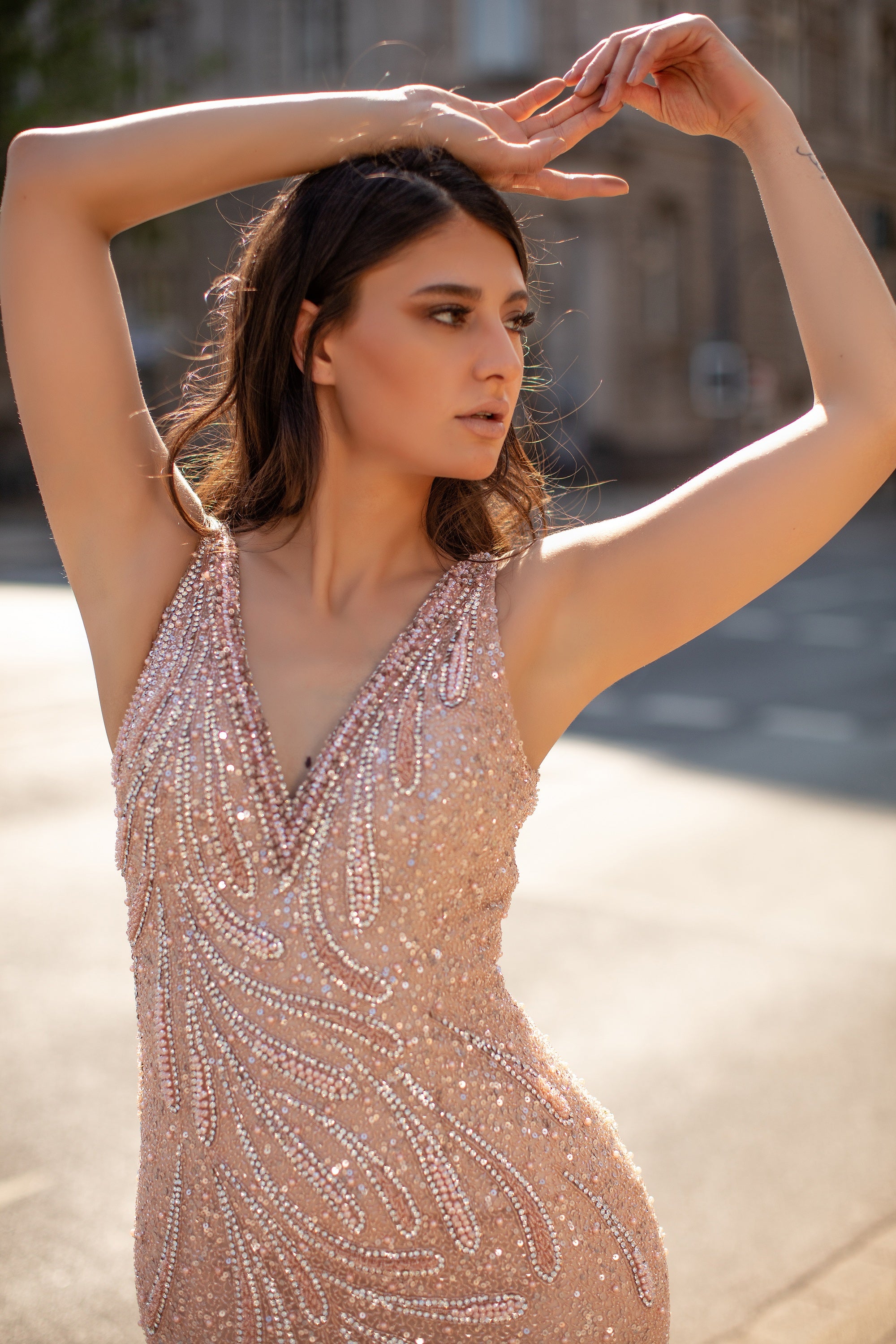 Paisley Beaded Sleeveless V-Neck Sheath Gown By Chic And Holland -HF1364