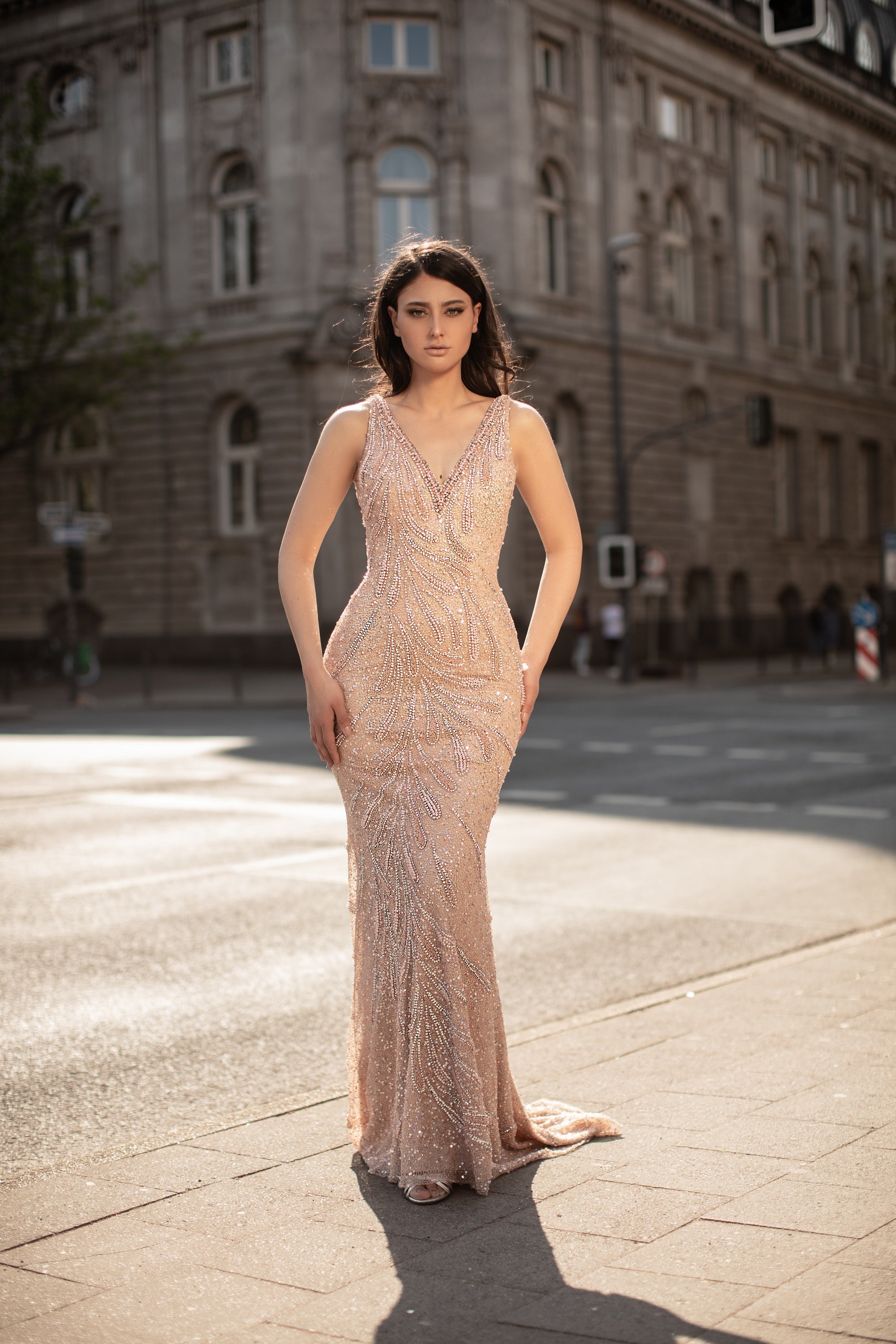 Paisley Beaded Sleeveless V-Neck Sheath Gown By Chic And Holland -HF1364