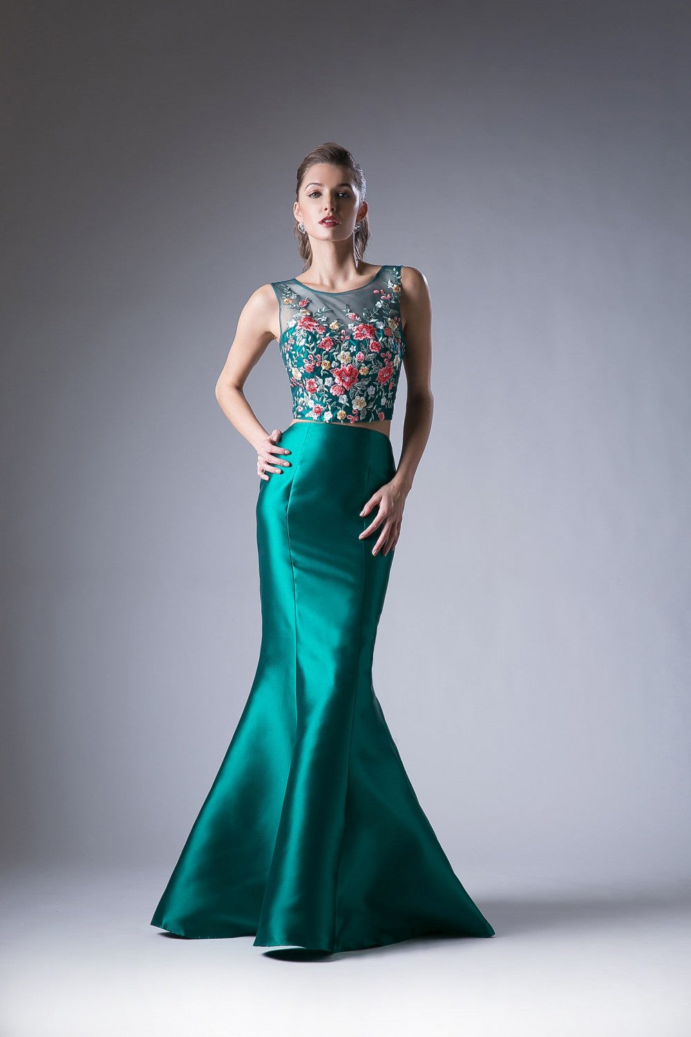 Flower Applique 2 Piece Mermaid Gown by Cinderella Divine -HW03