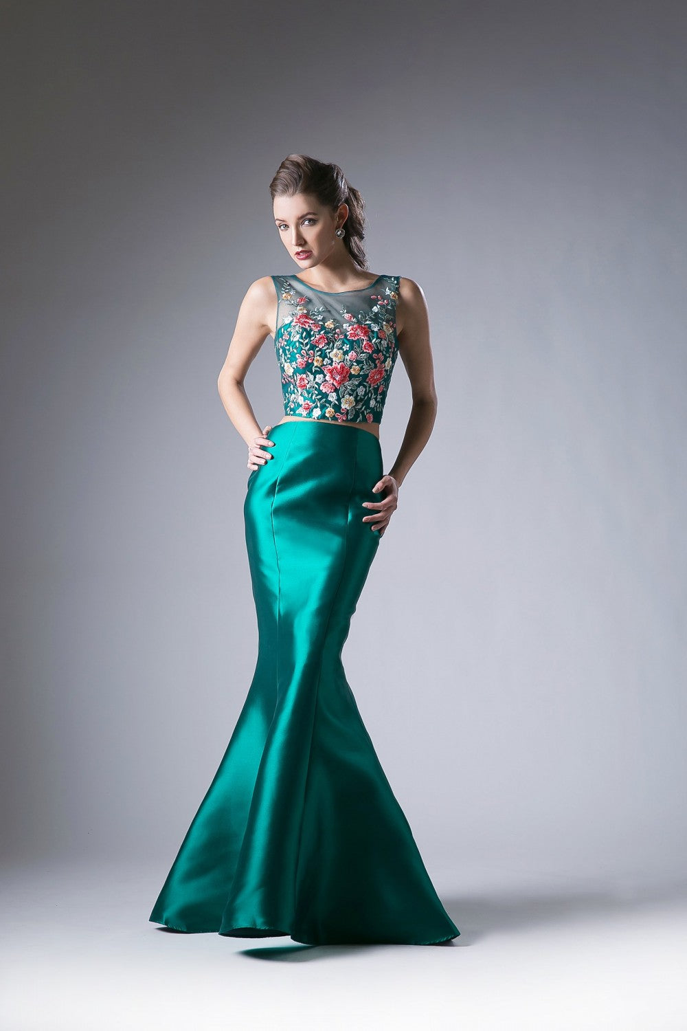 Flower Applique 2 Piece Mermaid Gown by Cinderella Divine -HW03