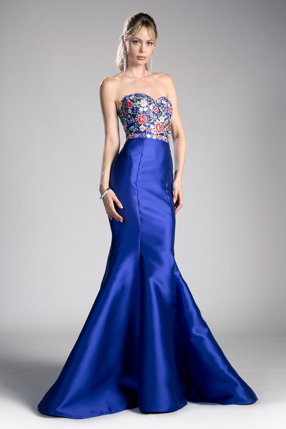 Flower Applique Satin Mermaid Gown By Cinderella Divine -HW06