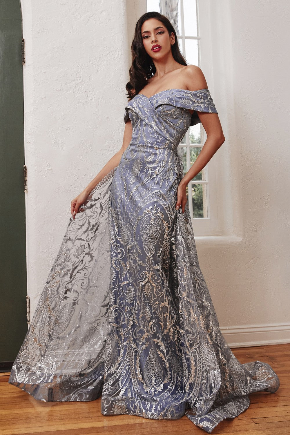 Clearance Sale Off The Shoulder  Lace Gown With Over Skirt By Cinderella Divine -J836