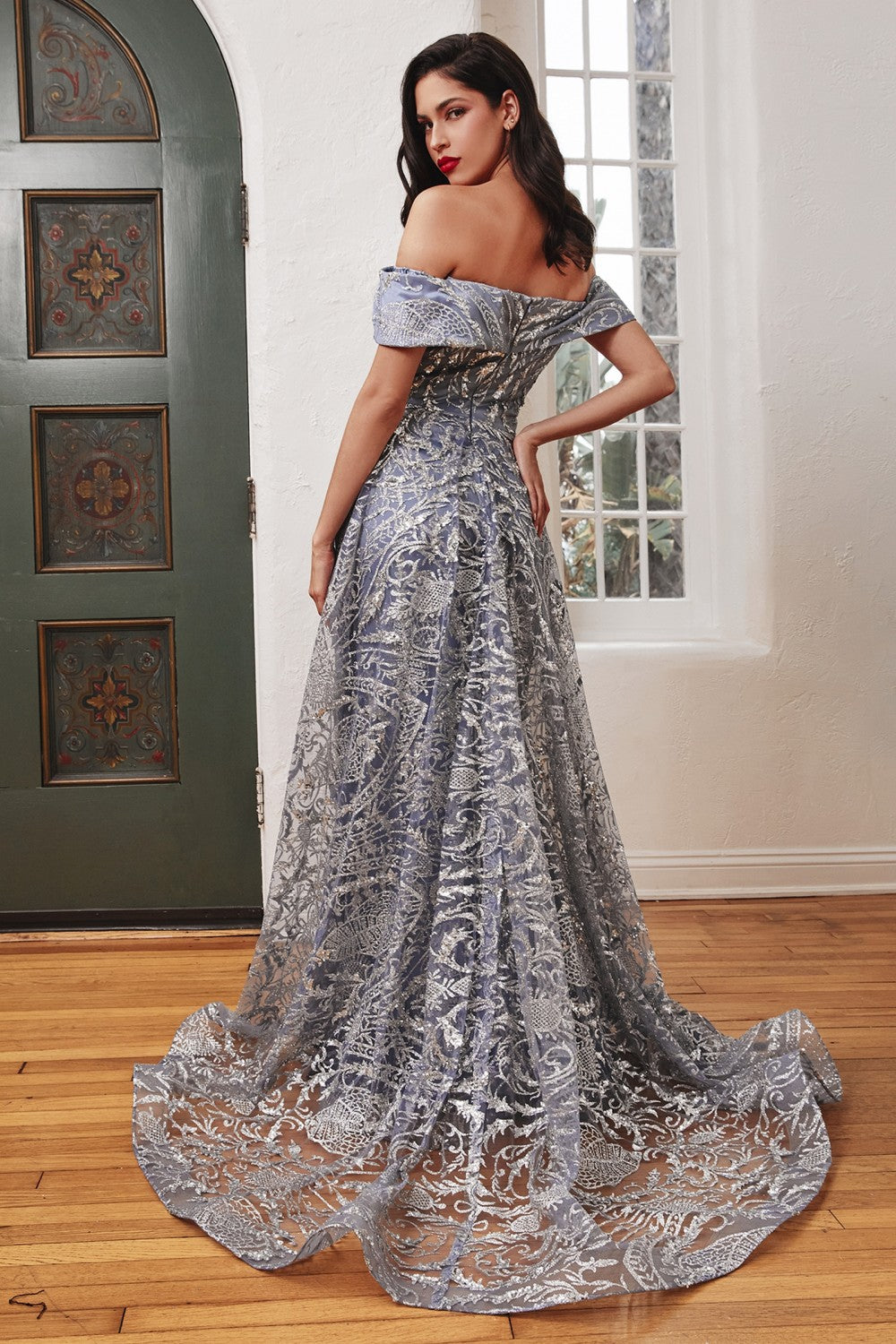 Clearance Sale Off The Shoulder  Lace Gown With Over Skirt By Cinderella Divine -J836