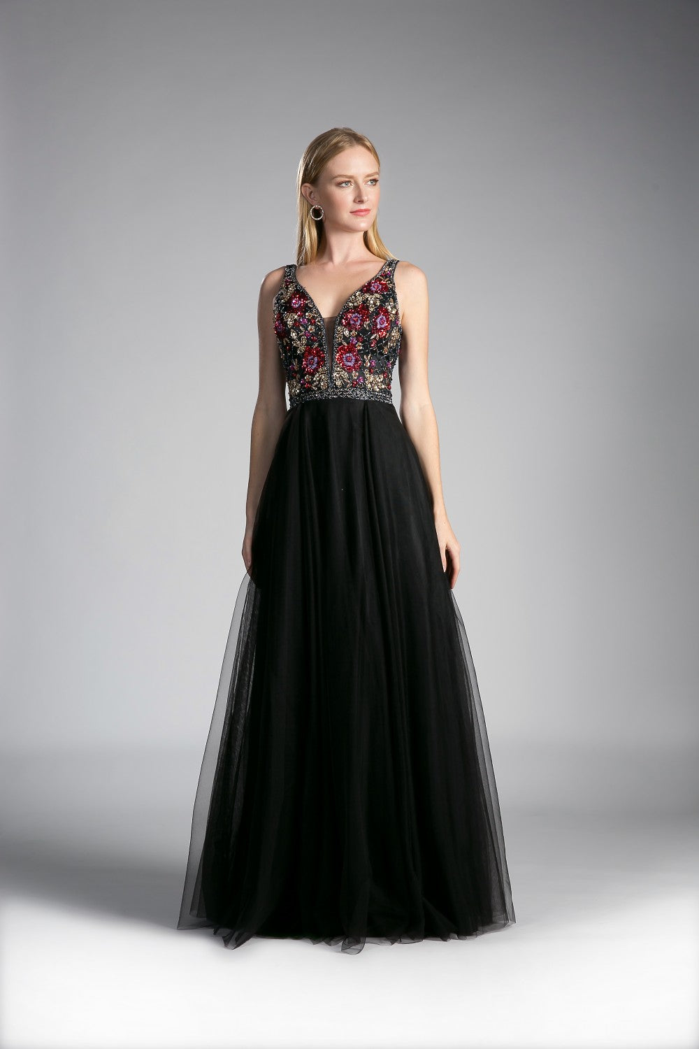 Floral Beaded V-Neck Gown By Cinderella Divine -KC1707