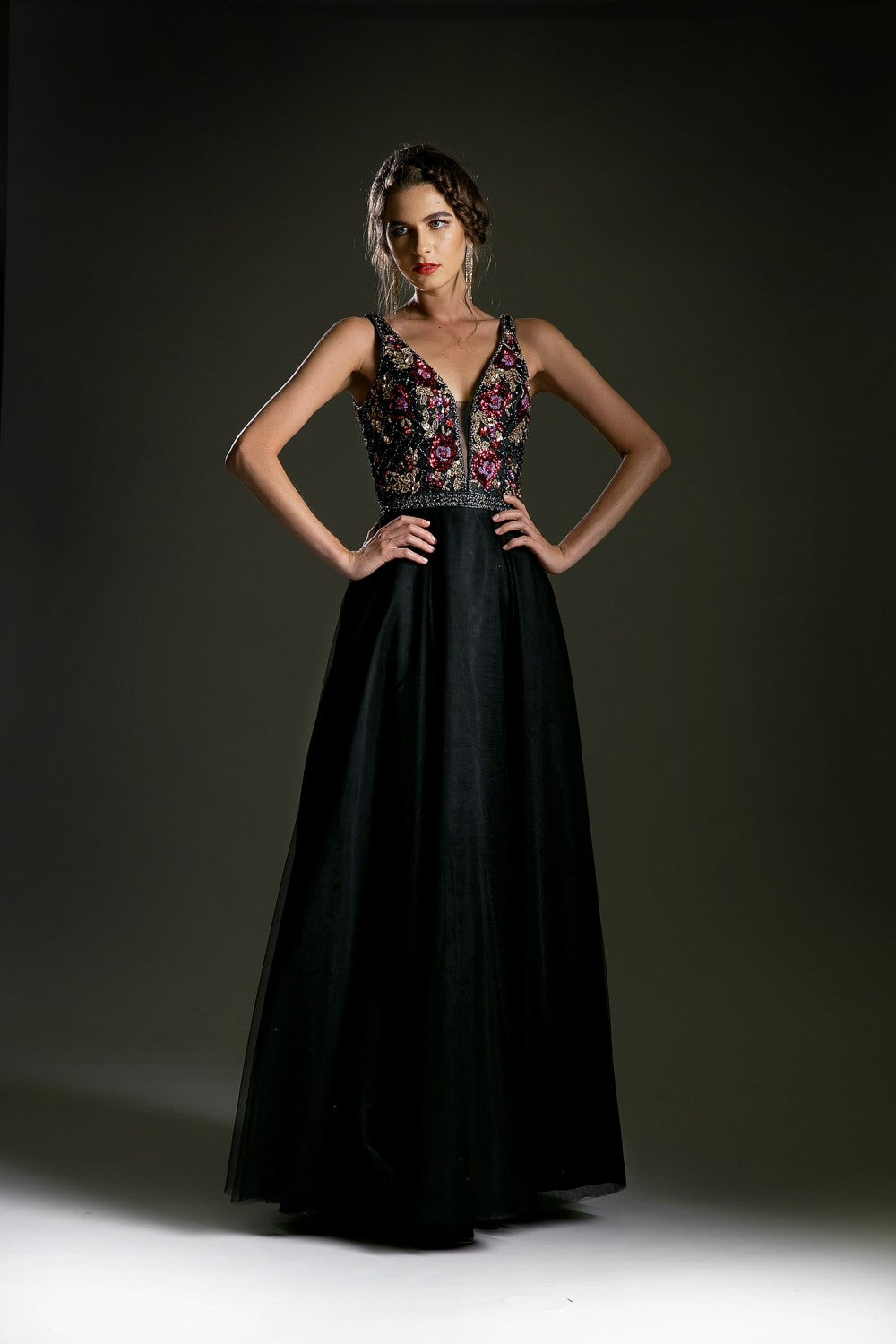 Floral Beaded V-Neck Gown By Cinderella Divine -KC1707