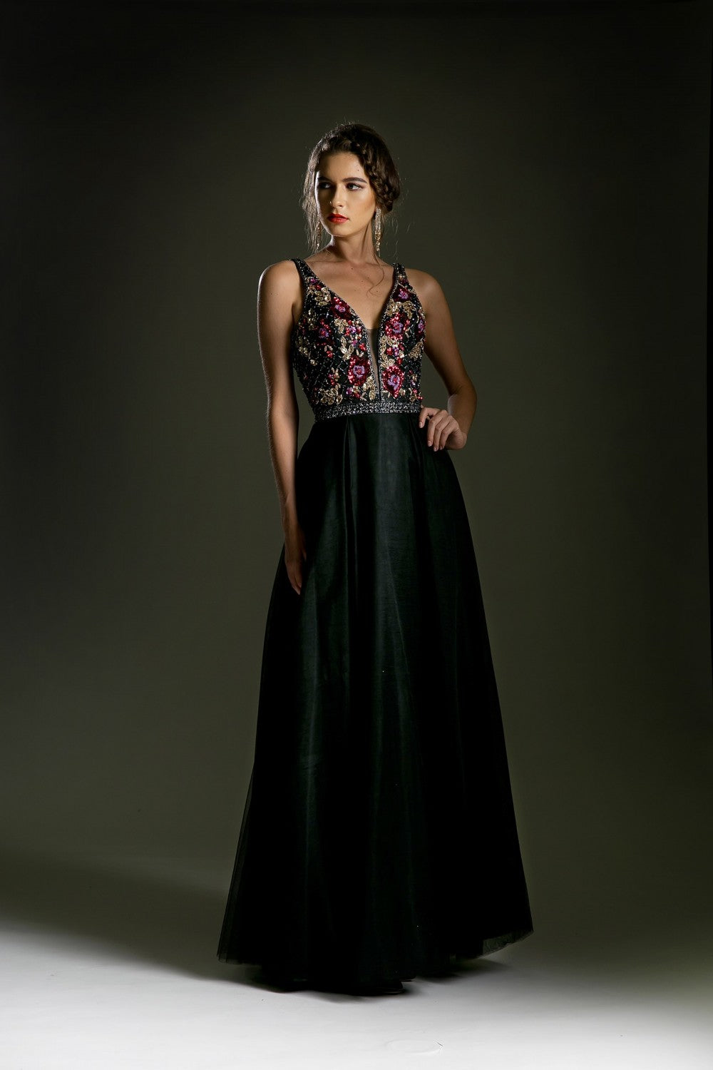 Floral Beaded V-Neck Gown By Cinderella Divine -KC1707