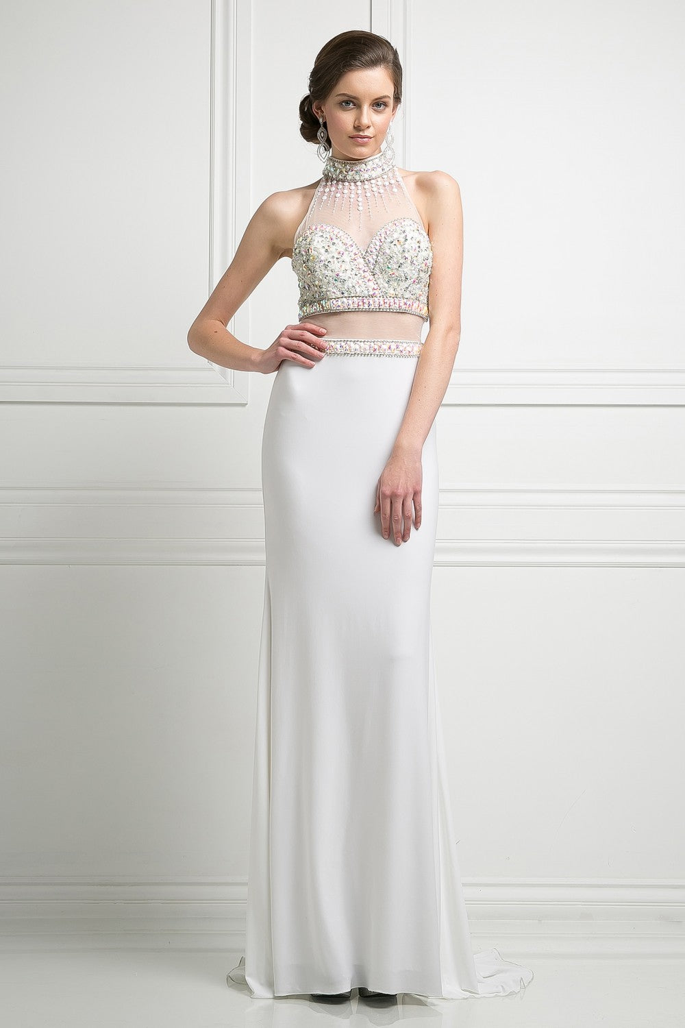 Beaded High Neck Two-Piece Sheath Evening Gown By Cinderella Divine -KD087