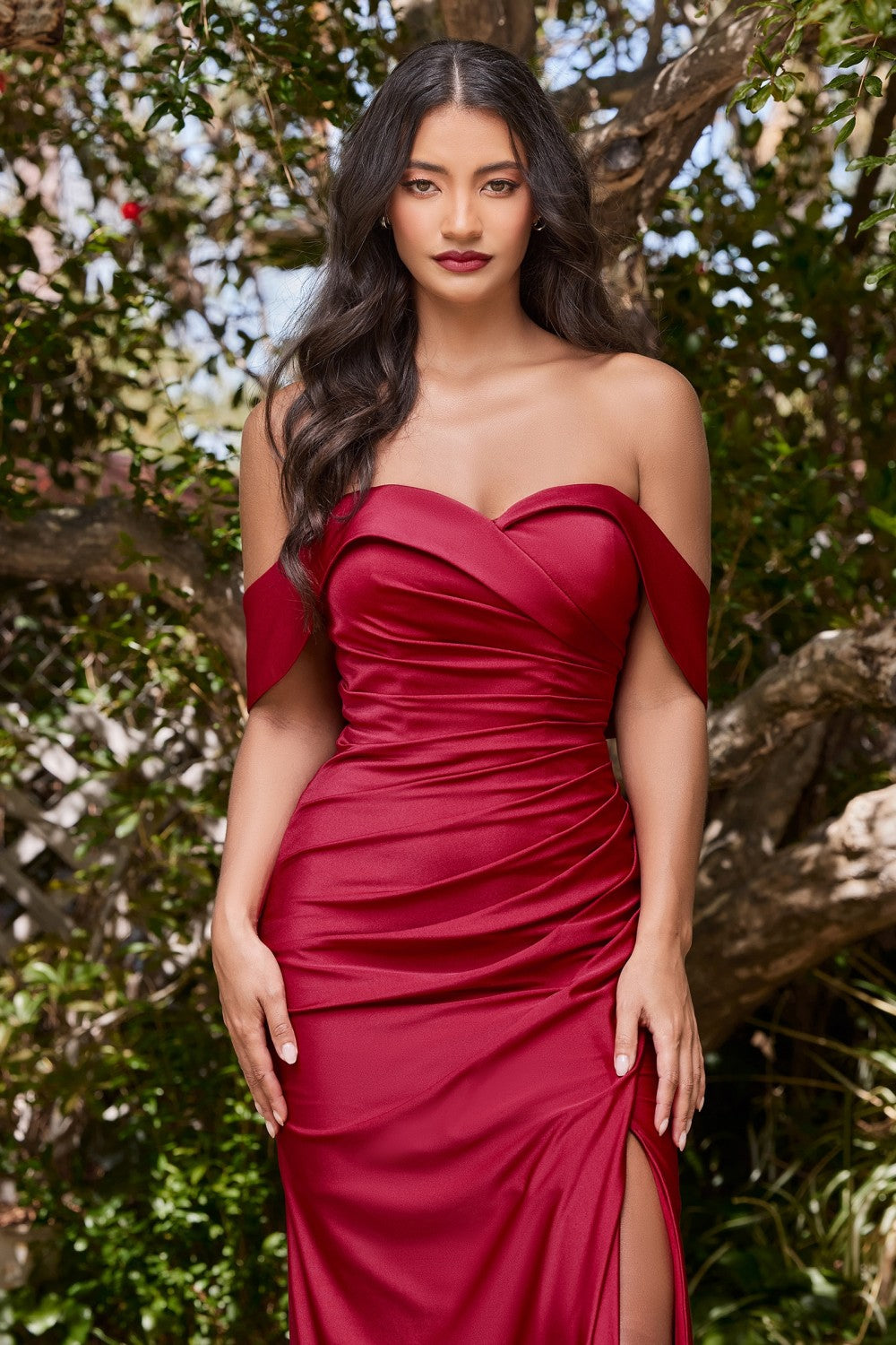 Off The Shoulder Fitted Jersey Gown With Leg Slit And Ruching by Cinderella Divine -KV1050