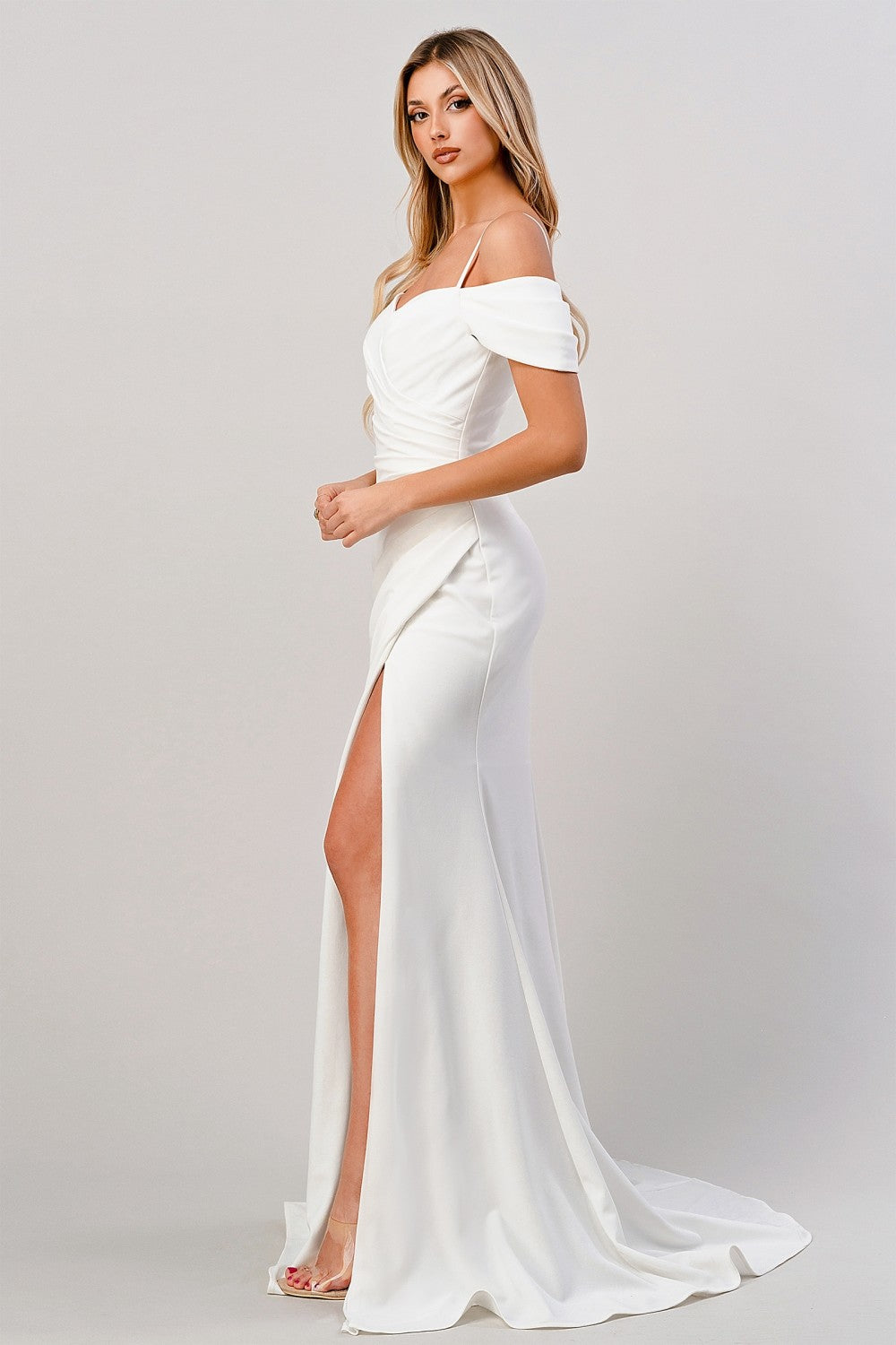 White Fitted Off Shoulder Gown By Cinderella Divine -KV1057W