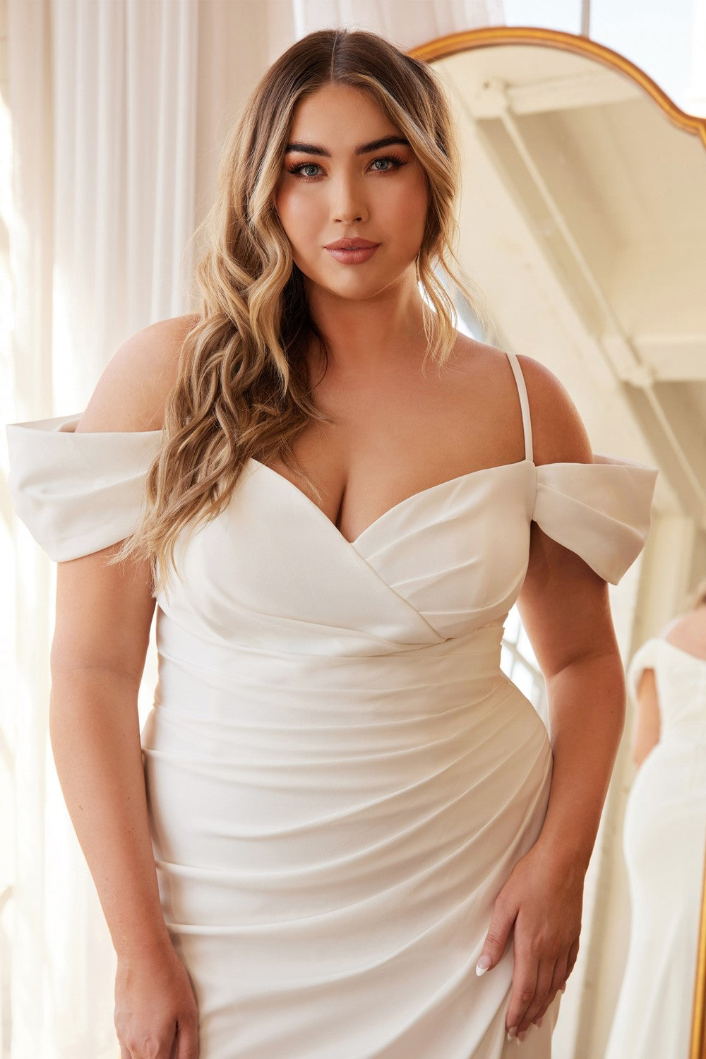 Off The Shoulder Crepe Gown By Cinderella Divine -KV1057WC