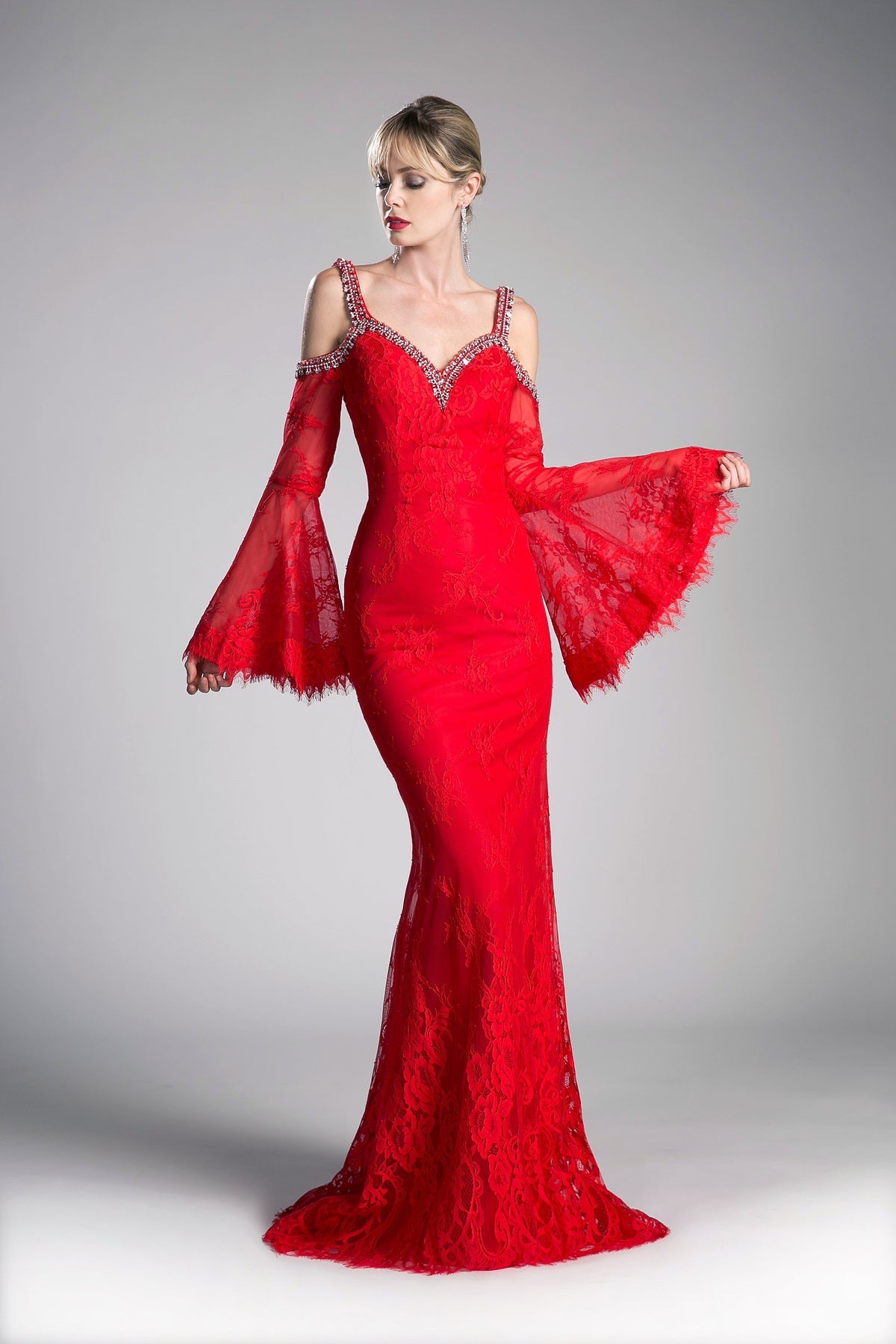 Long Fitted Lace Dress With Bell Sleeves by Cinderella Divine -13112