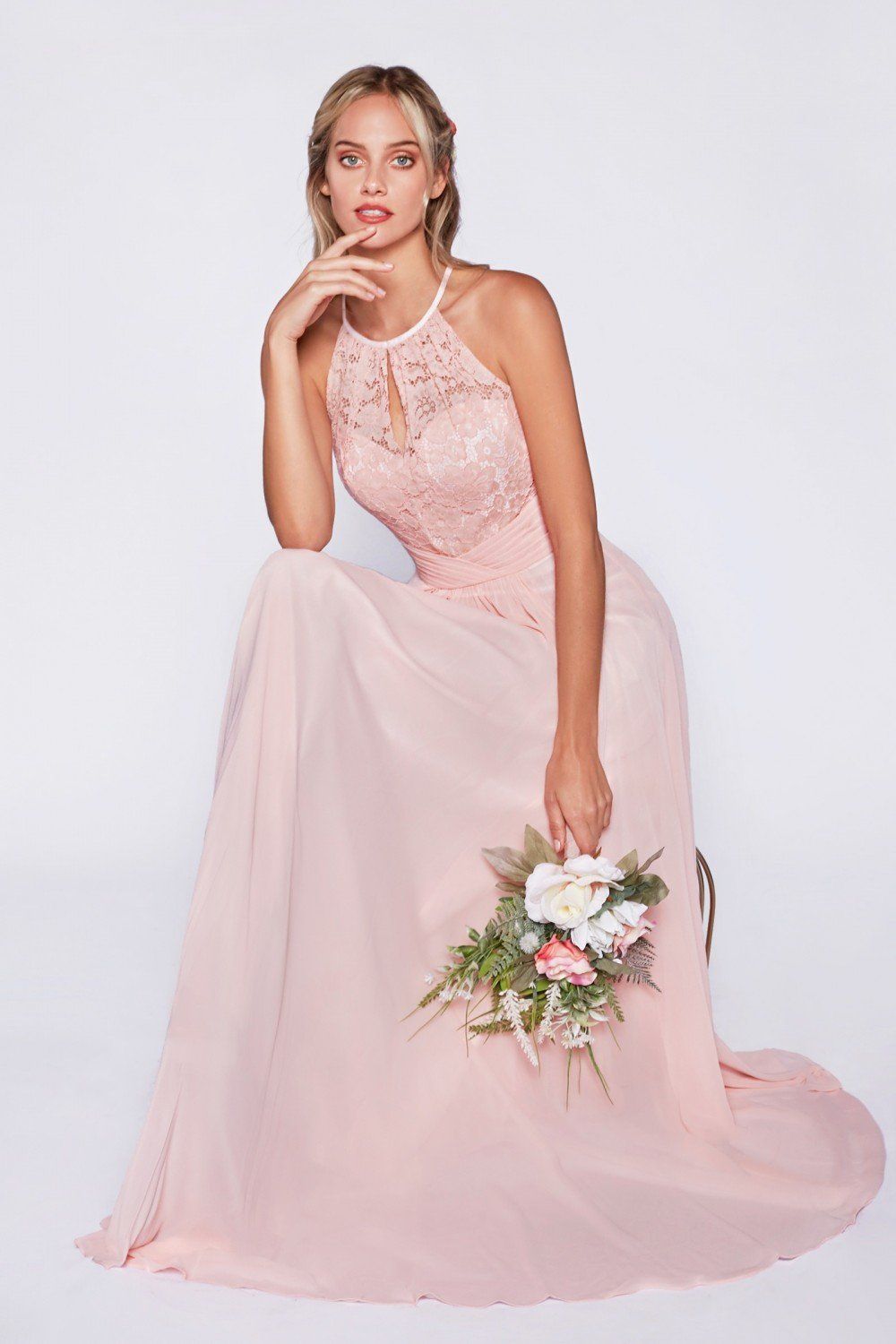 A-Line Chiffon Dress With Lace Keyhole Halter And Pleated Waistline By Cinderella Divine -CJ228