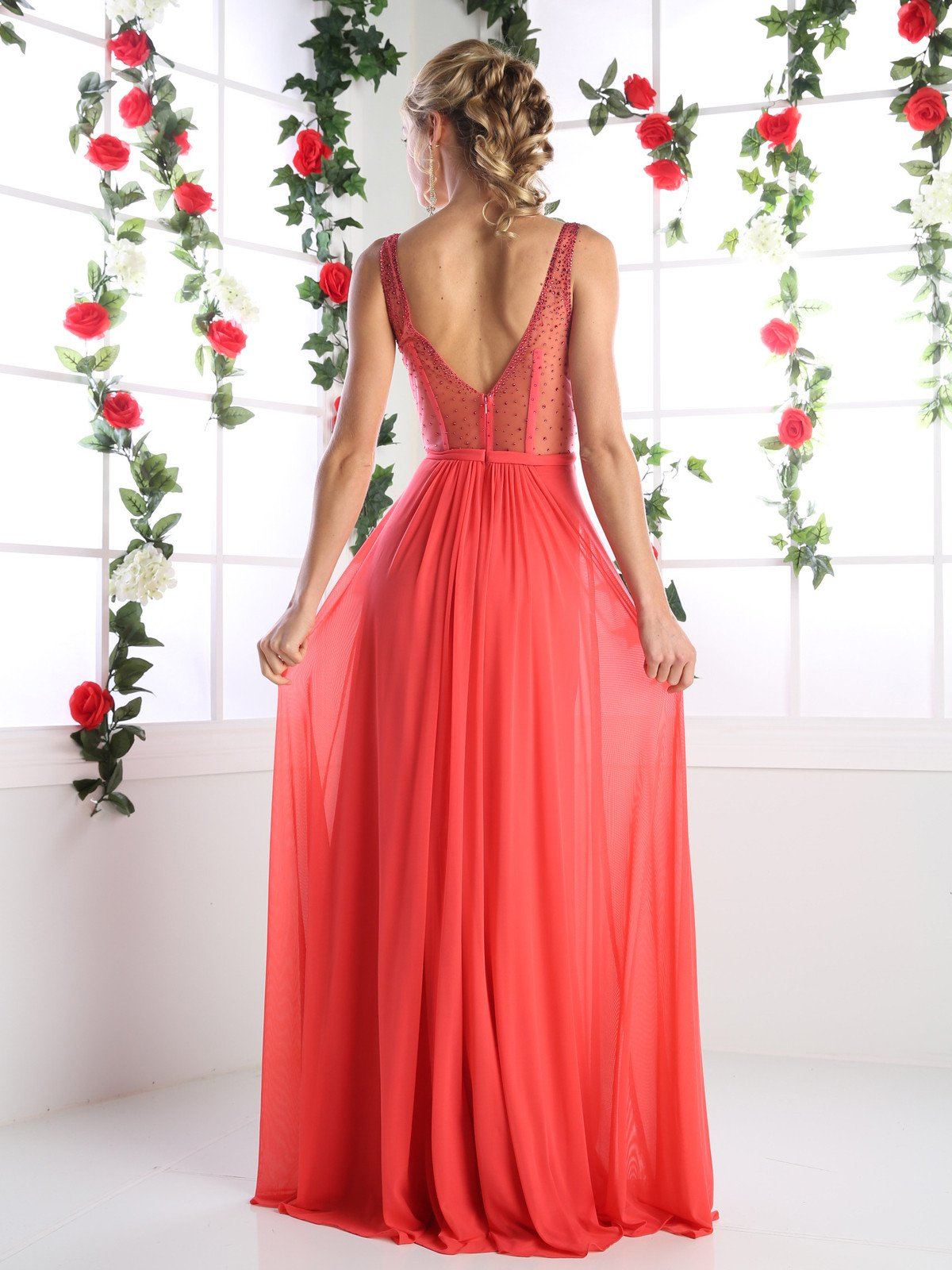 A-Line Stretch Mesh Gown With Illusion Bodice Cut Outs And Jeweled Details by Cinderella Divine -5061