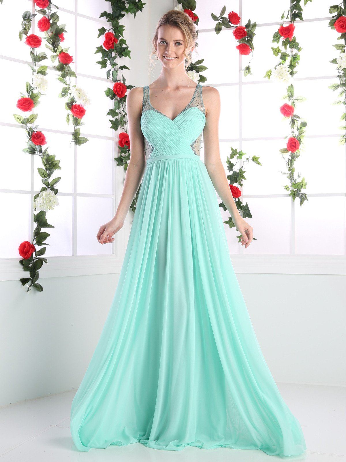 A-Line Stretch Mesh Gown With Illusion Bodice Cut Outs And Jeweled Details by Cinderella Divine -5061