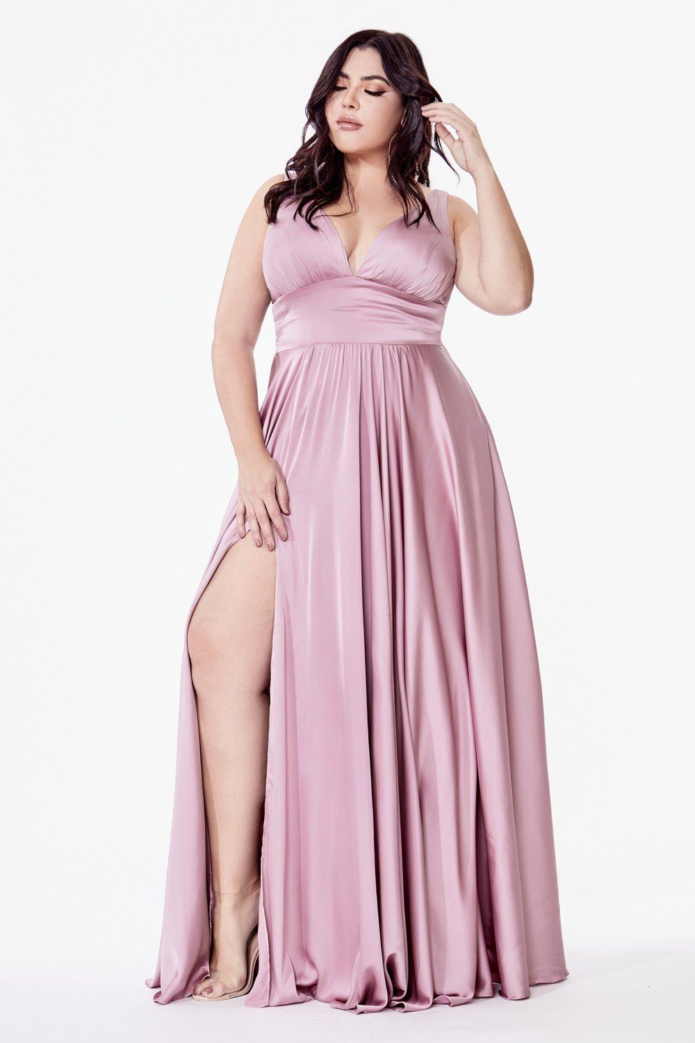 Satin Flowy A-Line Dress With Leg Slit, Open Back And V-Neckline by Cinderella Divine -7469