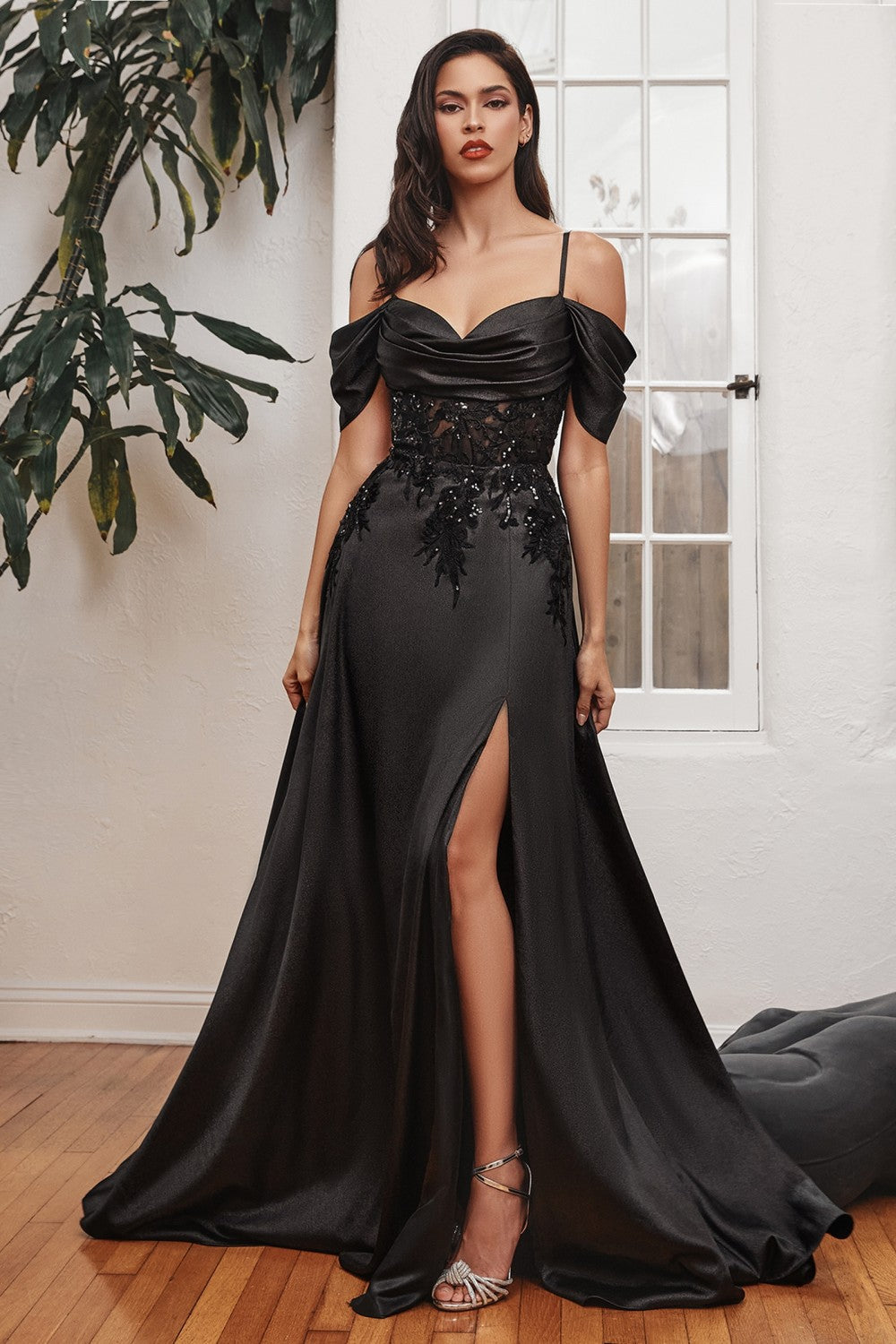 Satin Off The Shoulder A-Line Gown By Cinderella Divine -OC012