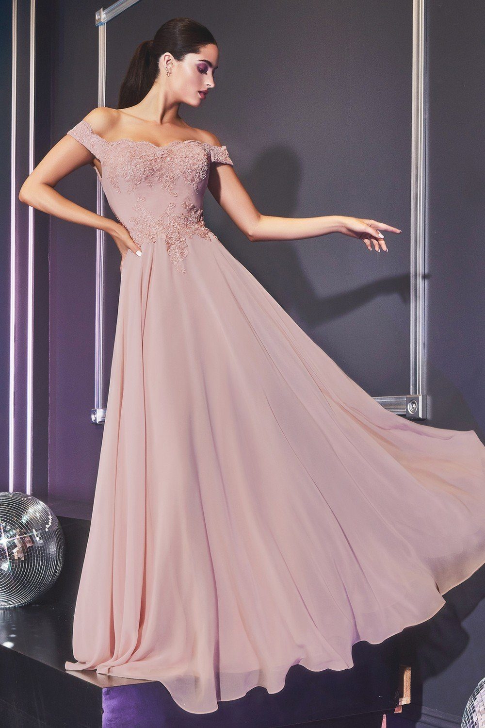 Off The Shoulder Lace Bodice Gown With Flowy Chiffon Bottom And Leg Slit In Lining by Cinderella Divine -7258