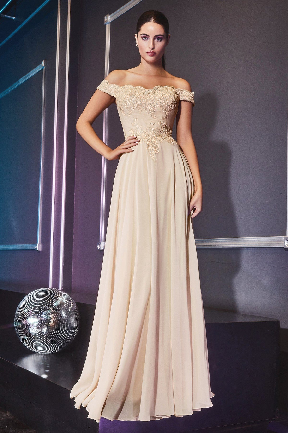 Off The Shoulder Lace Bodice Gown With Flowy Chiffon Bottom And Leg Slit In Lining by Cinderella Divine -7258