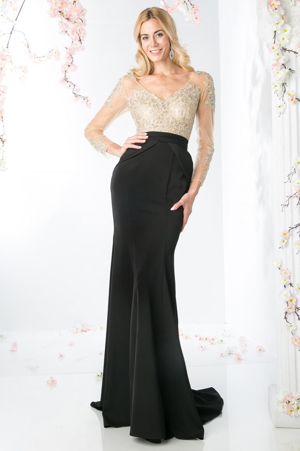 Lace Bodice Sateen Sheath Gown By Cinderella Divine -P106
