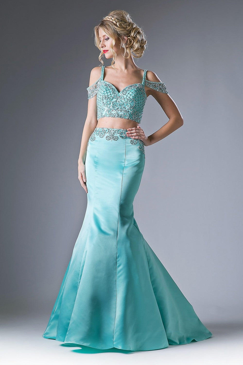 Beaded 2 Piece Satin Mermaid Gown By Cinderella Divine -P209