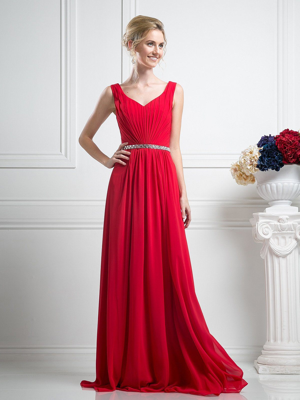 A-Line Chiffon Gown With V-Neckline And Beaded Belt by Cinderella Divine -W0014