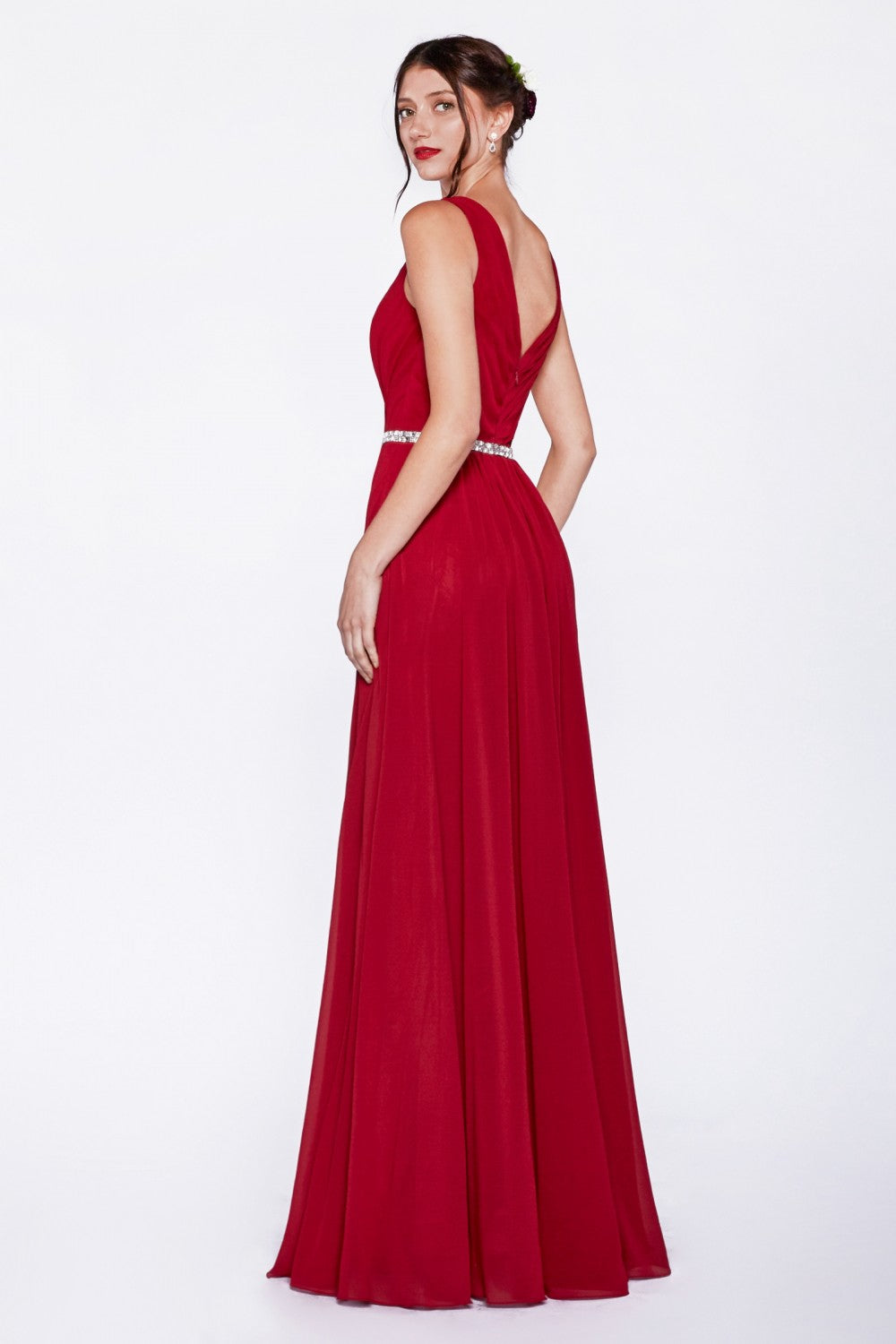 A-Line Chiffon Gown With V-Neckline And Beaded Belt by Cinderella Divine -W0014