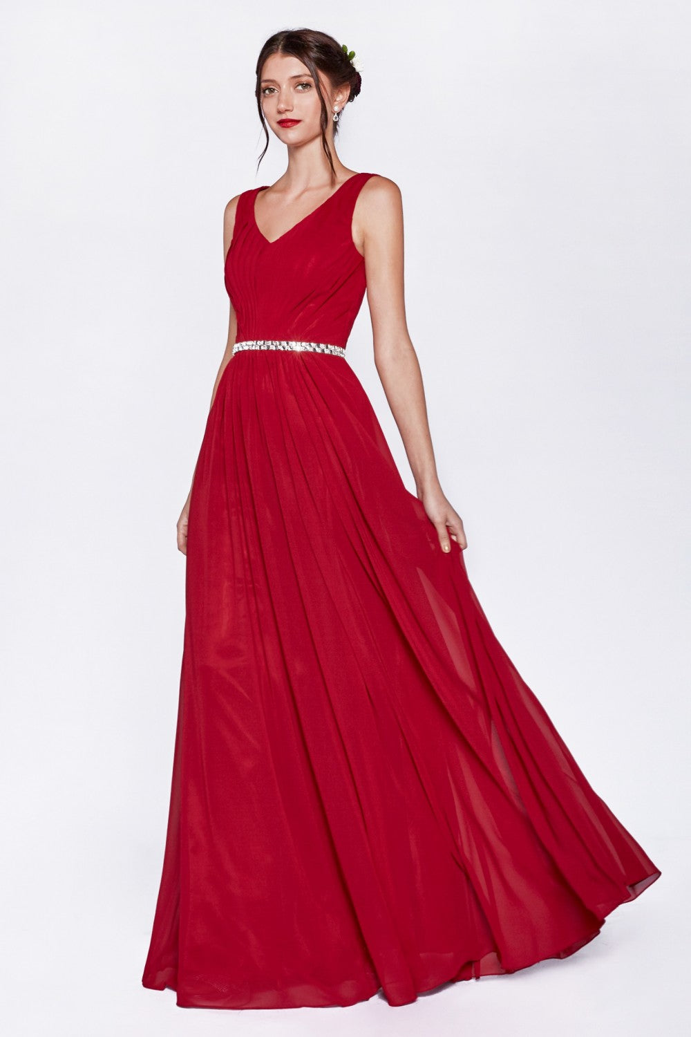 A-Line Chiffon Gown With V-Neckline And Beaded Belt by Cinderella Divine -W0014