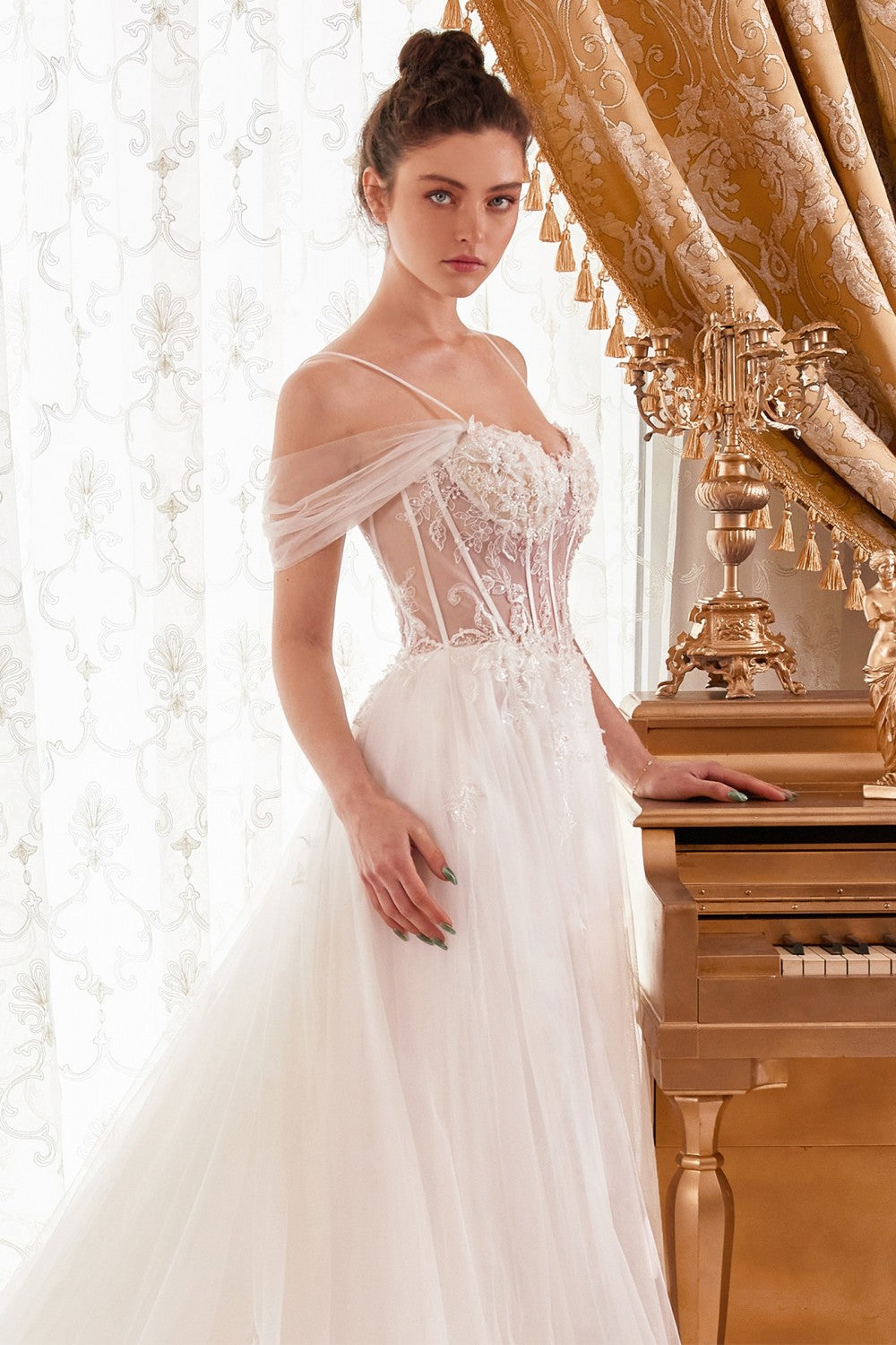 Layered Tulle A-Line Bridal Gown With Corset Bodice By Cinderella Divine -WN307