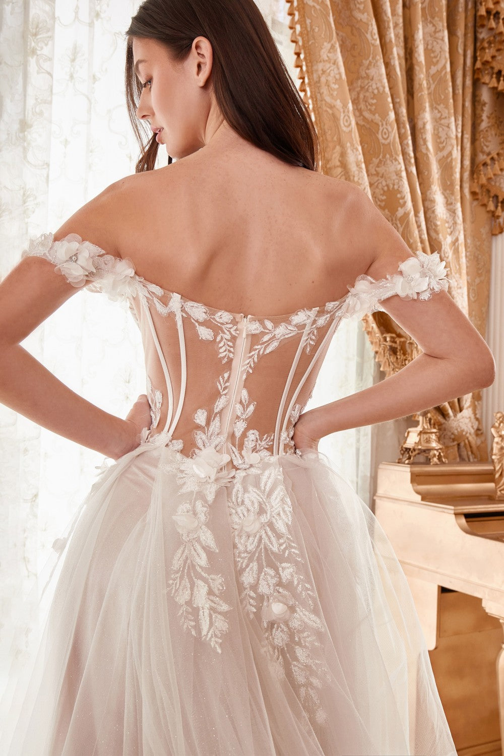 Off The Shoulder Floral A-Line Bridal Gown By Cinderella Divine -WN308