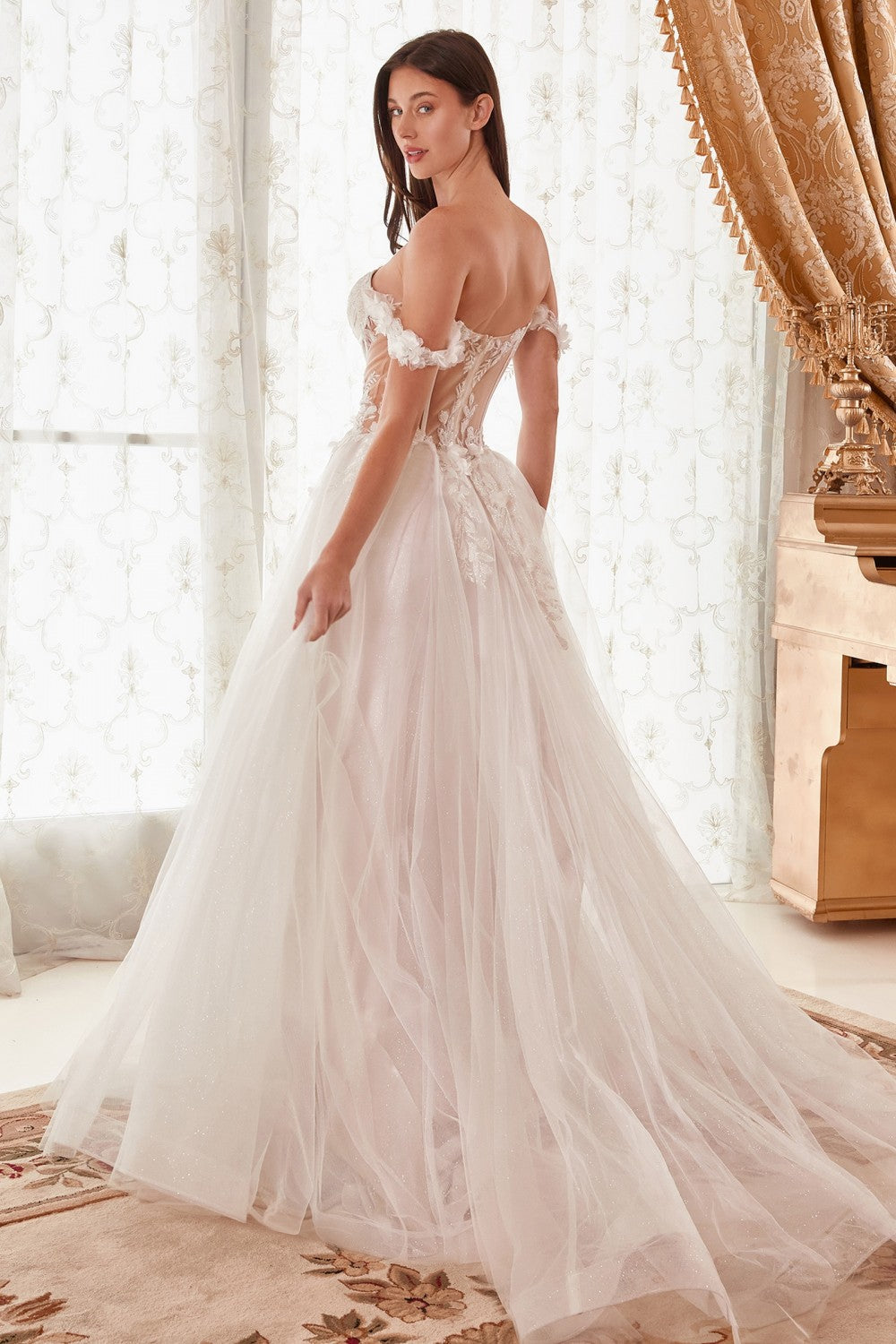 Off The Shoulder Floral A-Line Bridal Gown By Cinderella Divine -WN308