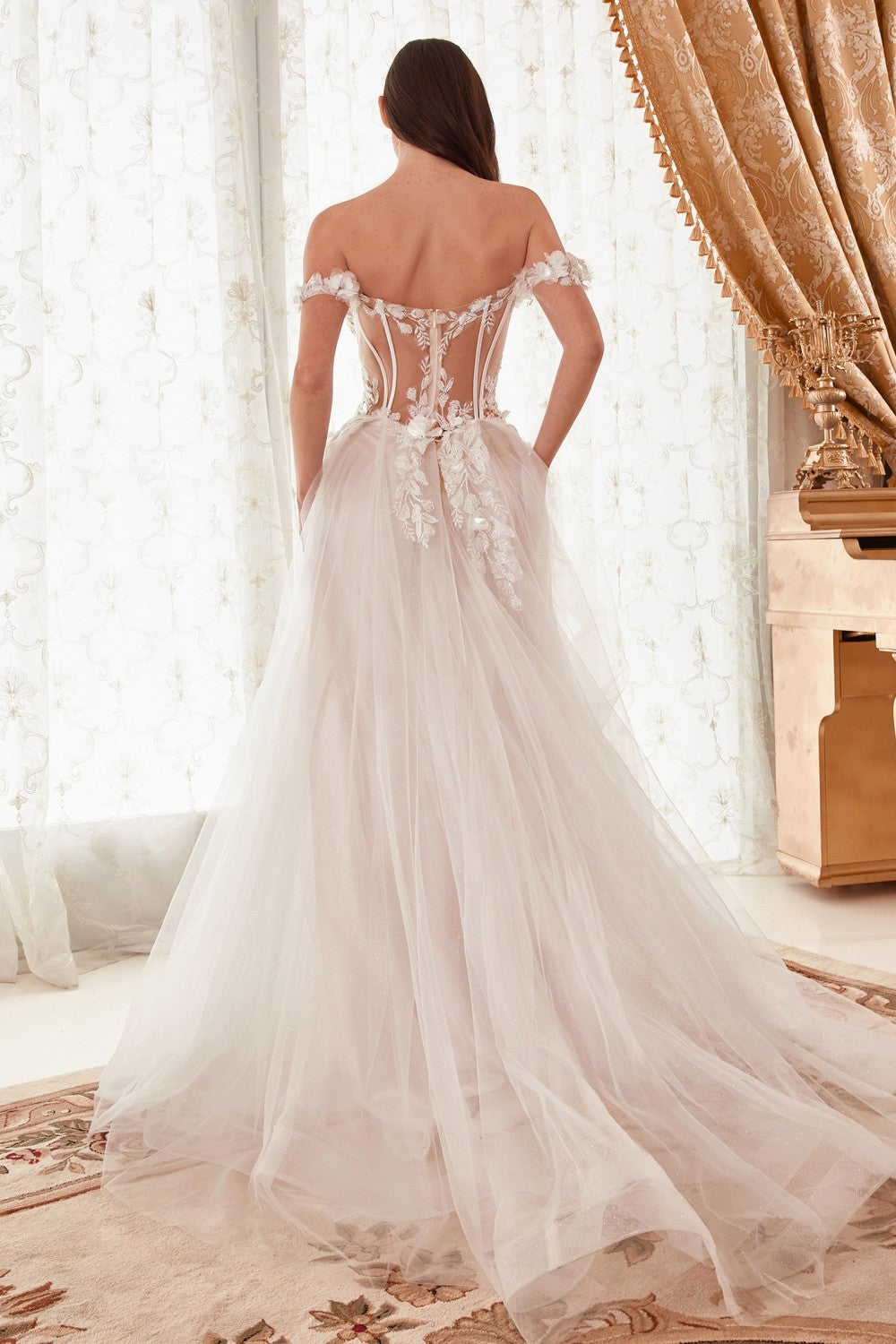 Off The Shoulder Floral A-Line Bridal Gown By Cinderella Divine -WN308