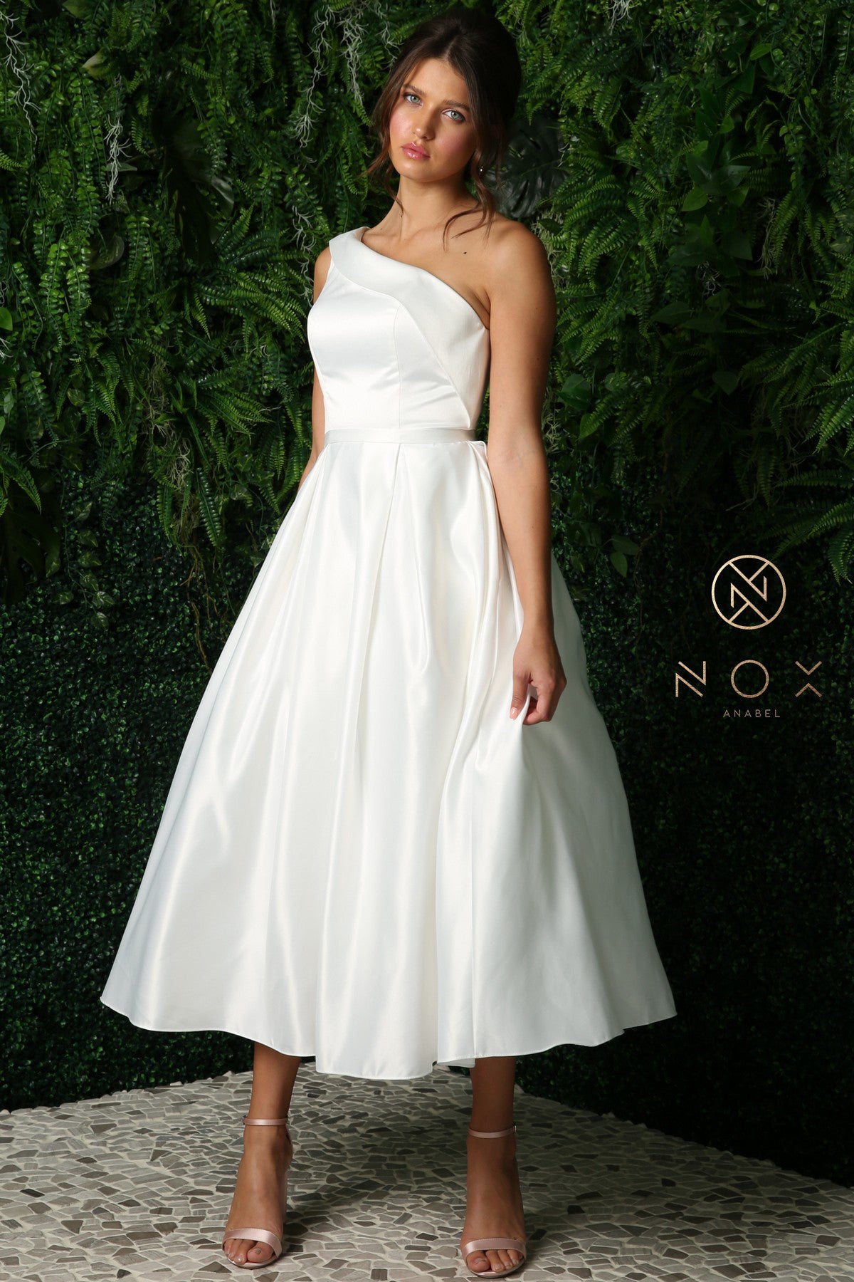 Nox Anabel -JE931W Asymmetrical Neckline Tea-Length Dresss