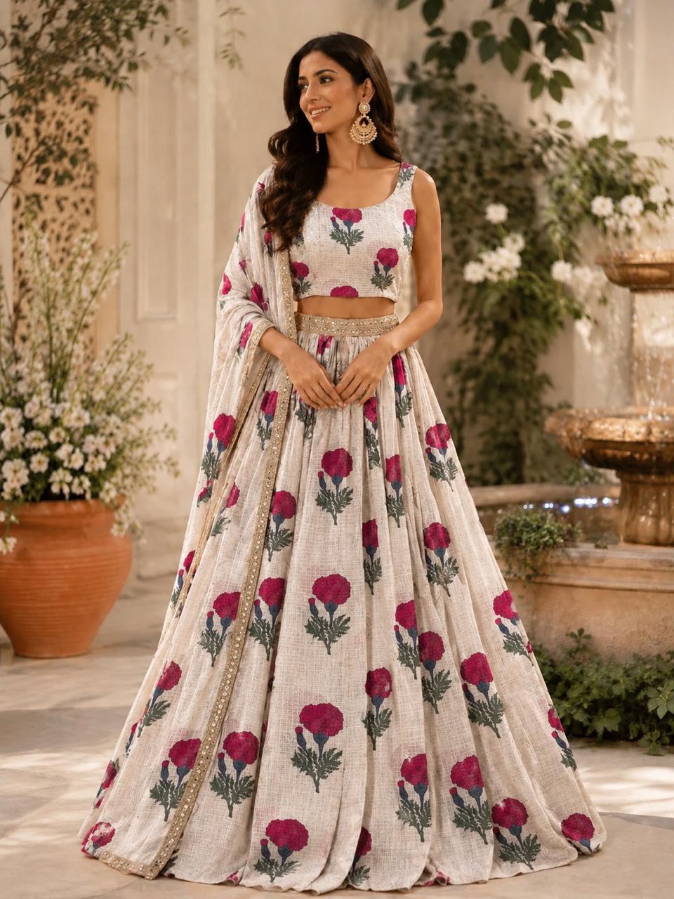 MyFashion -LIB26001 Ivory Bloom Printed Lehenga Choli Collection