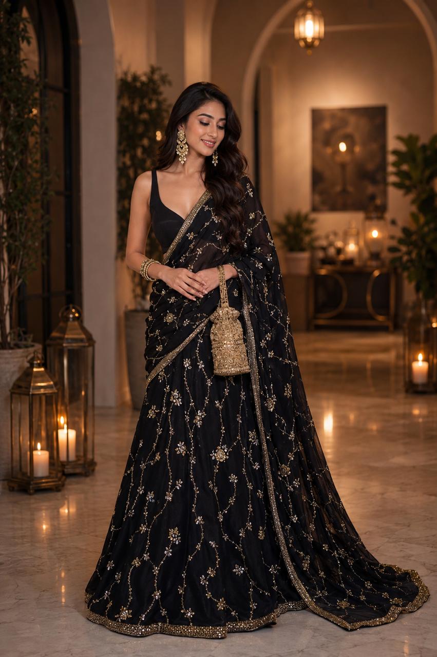 MyFashion -LIB26005 Midnight Black Embroidered Saree Set Collection