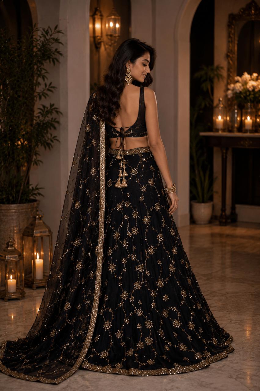 MyFashion -LIB26005 Midnight Black Embroidered Saree Set Collection