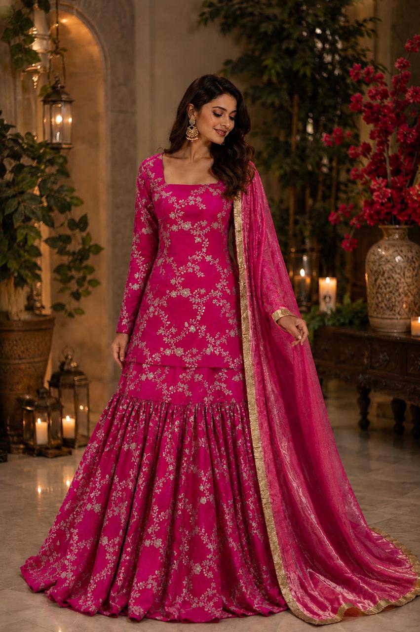 MyFashion -LIB26006 Pure Georgette Fuchsia Pink Embroidered Sharara Suit Set with Dupatta