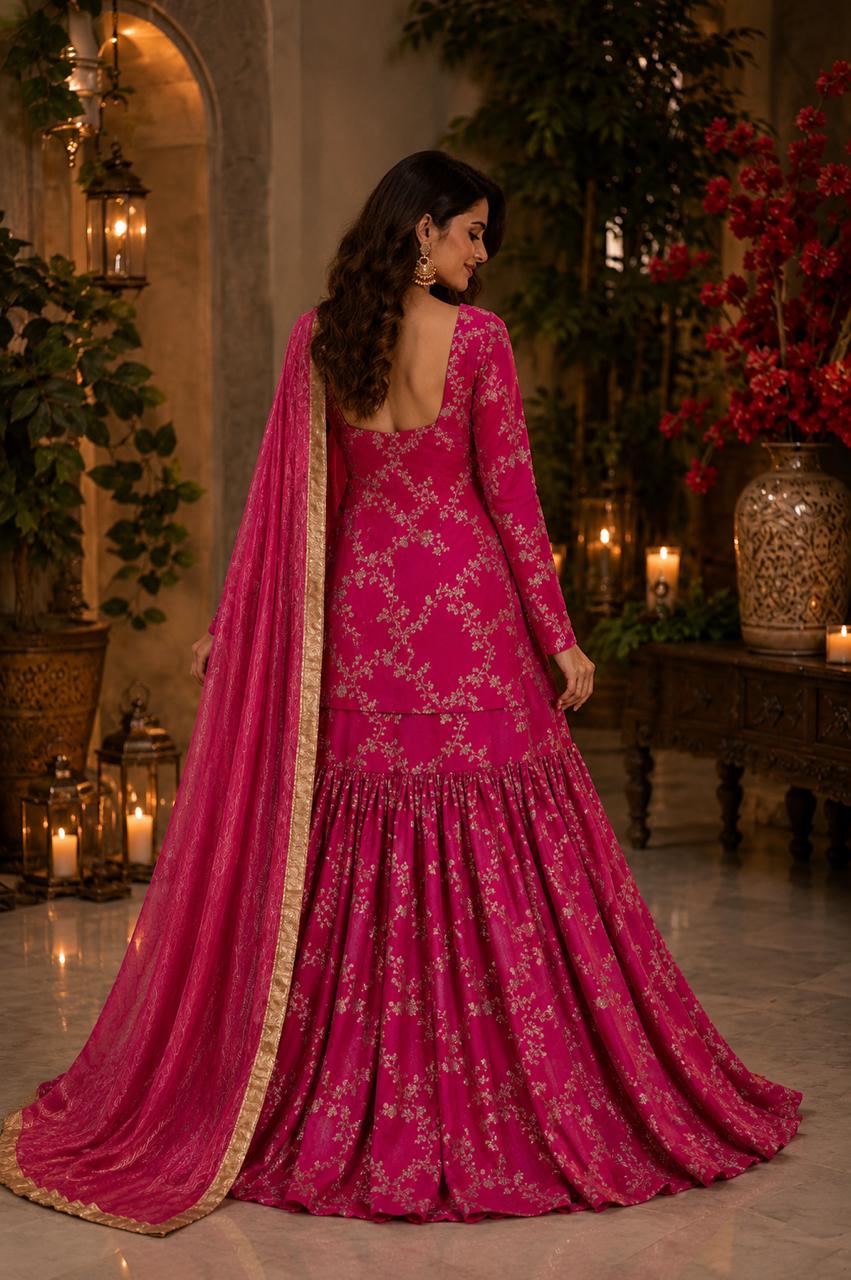 MyFashion -LIB26006 Pure Georgette Fuchsia Pink Embroidered Sharara Suit Set with Dupatta