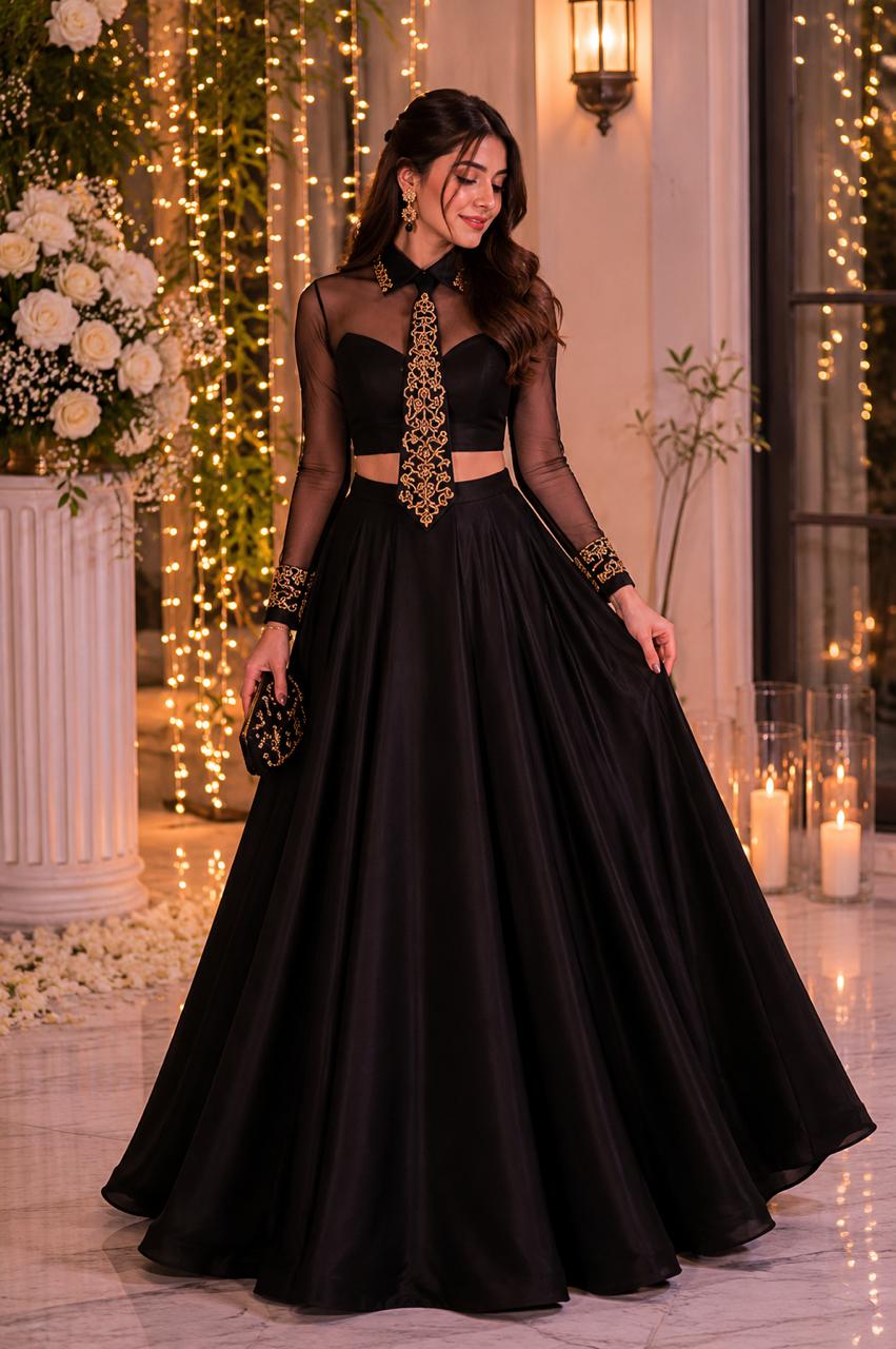 MyFashion -LIB26007 Black Satin Embroidered Cut-Out Gown