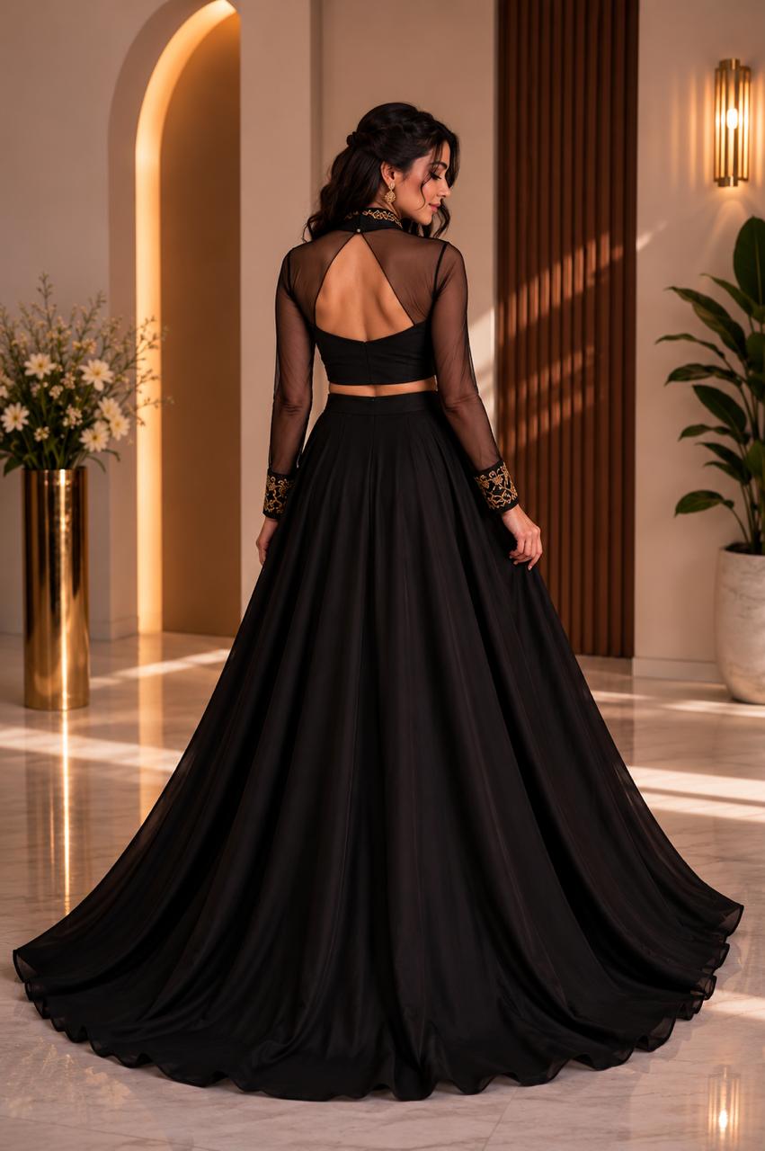 MyFashion -LIB26007 Black Satin Embroidered Cut-Out Gown