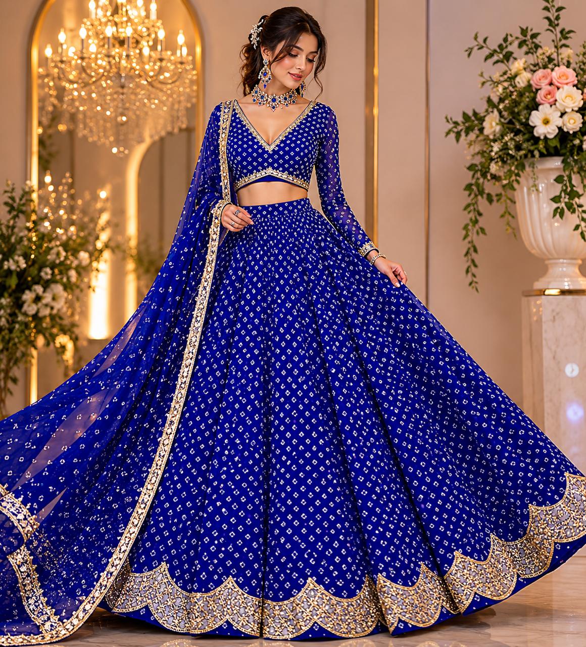 MyFashion -LIB26008 Royal Blue Bandhani-Inspired Embellished Lehenga Choli with Net Dupatta