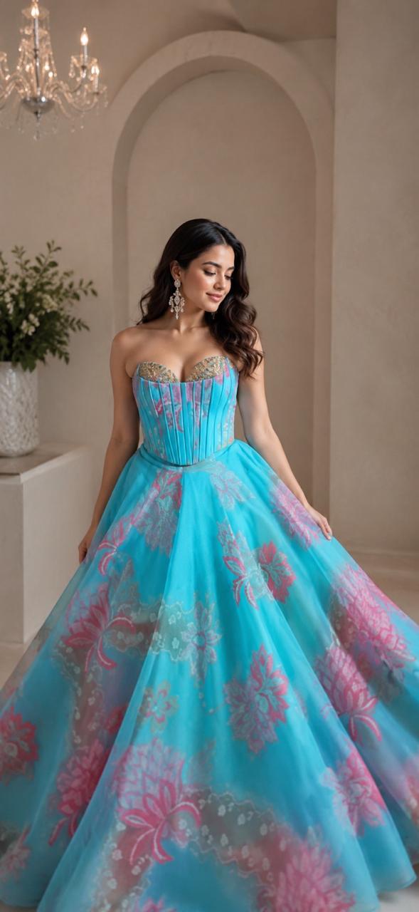 MyFashion -LIB26009 Dreamy Aqua Blue Floral Organza Ball Gown