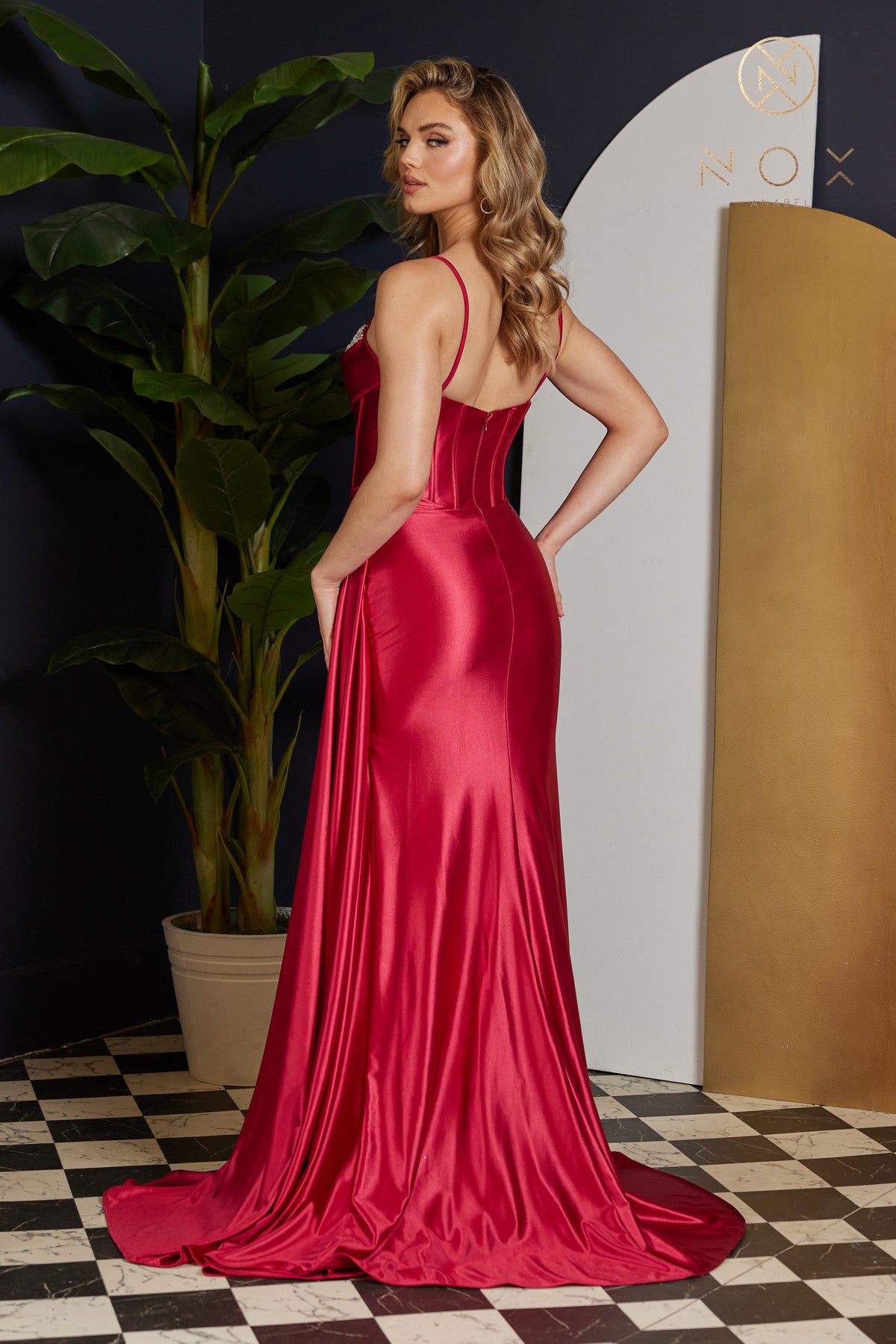 Nox Anabel -E1242 Beaded Cowl Evening Gown