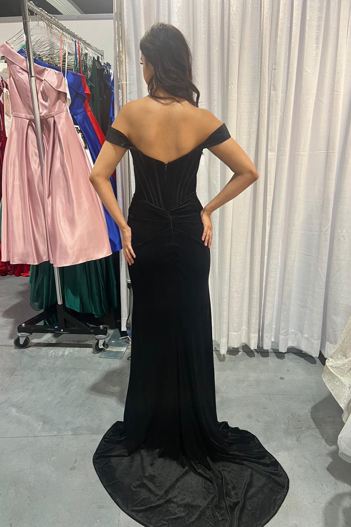 Nox Anabel -R1244 Velvet Off Shoulder Corset Slit Gown